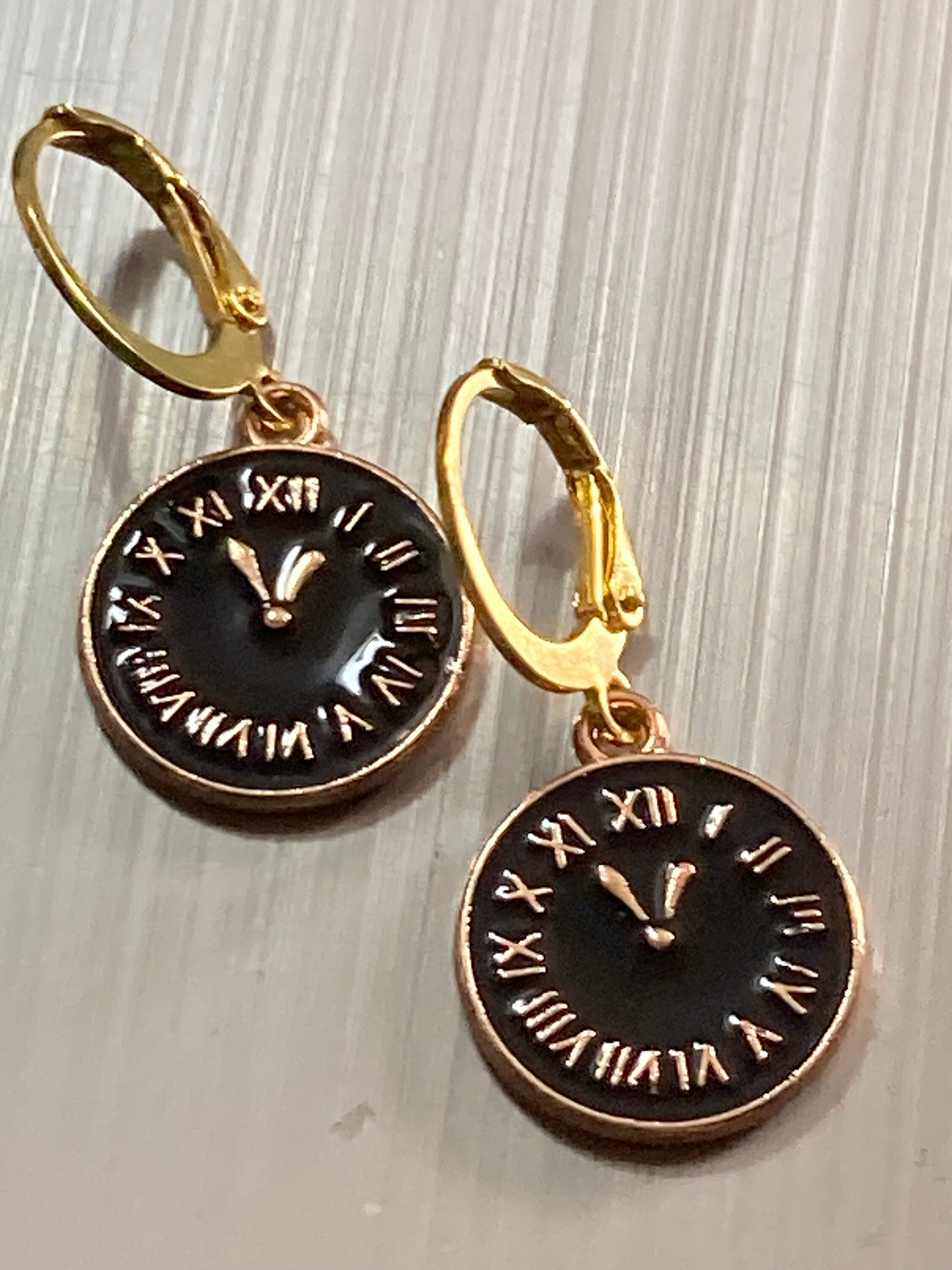18k gold plated black enamel Victorian Clock charm earrings