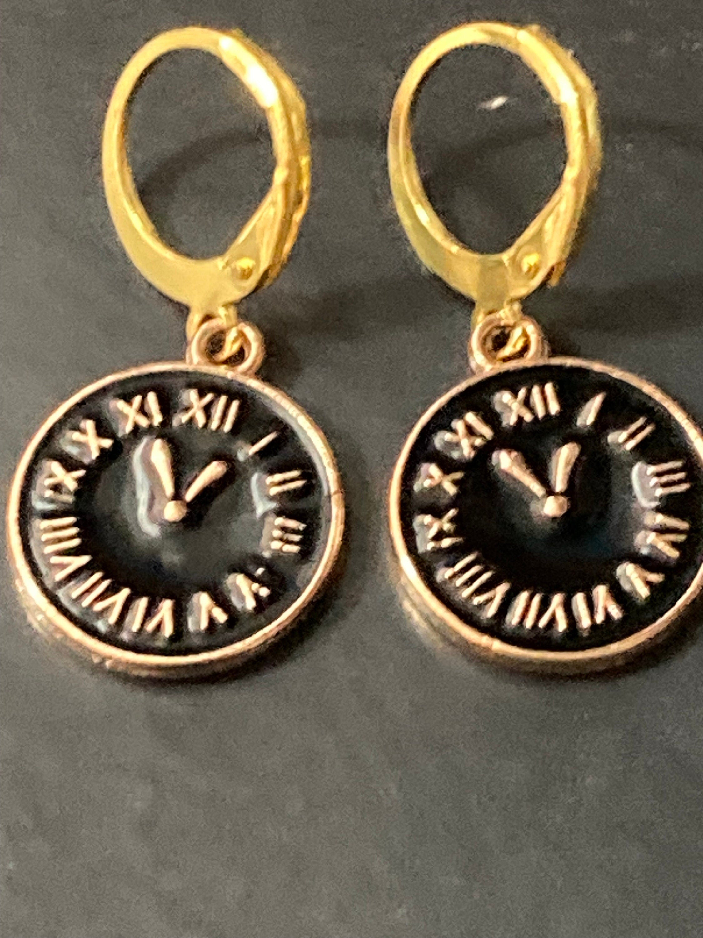 18k gold plated black enamel Victorian Clock charm earrings