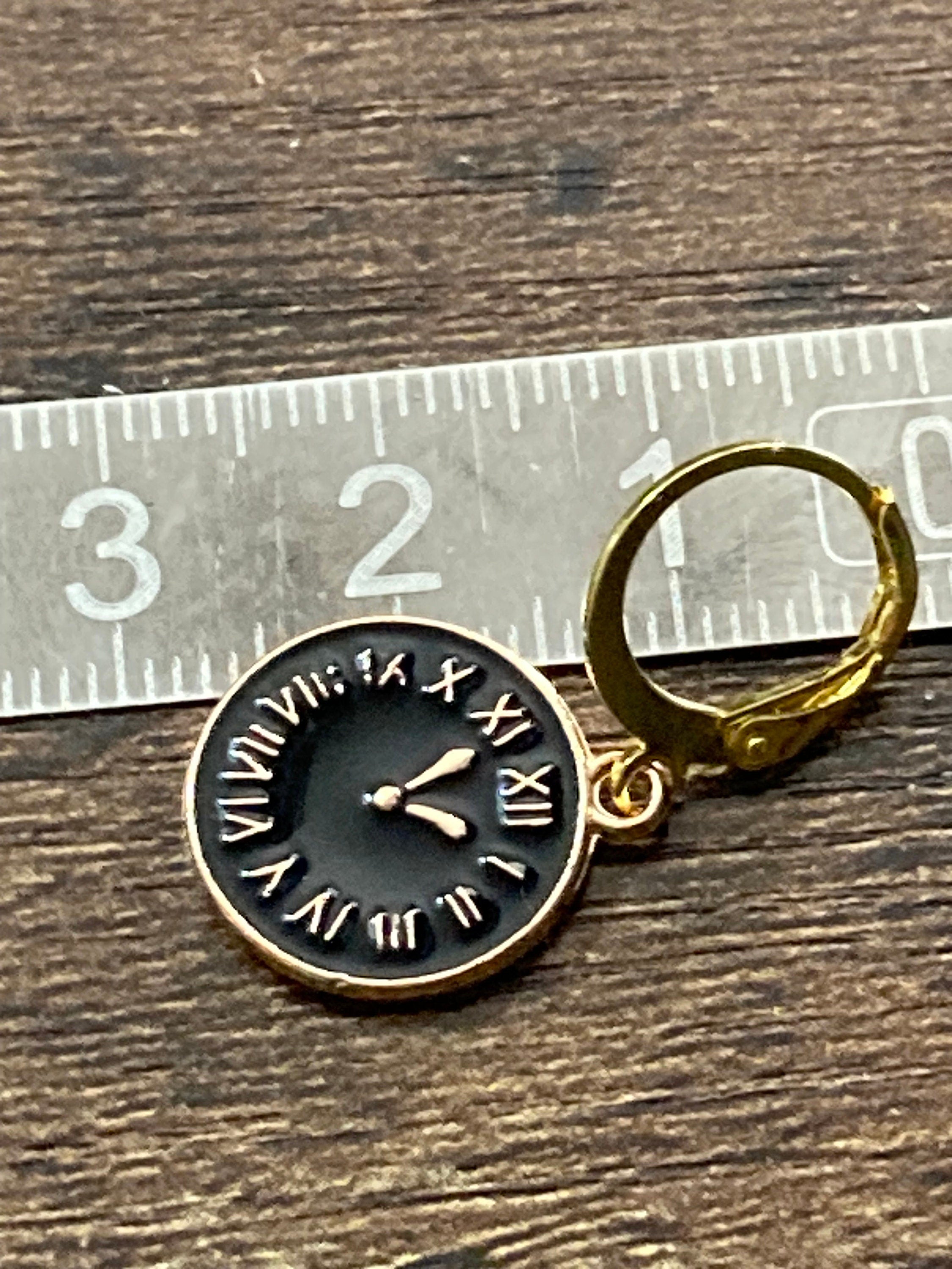 18k gold plated black enamel Victorian Clock charm earrings