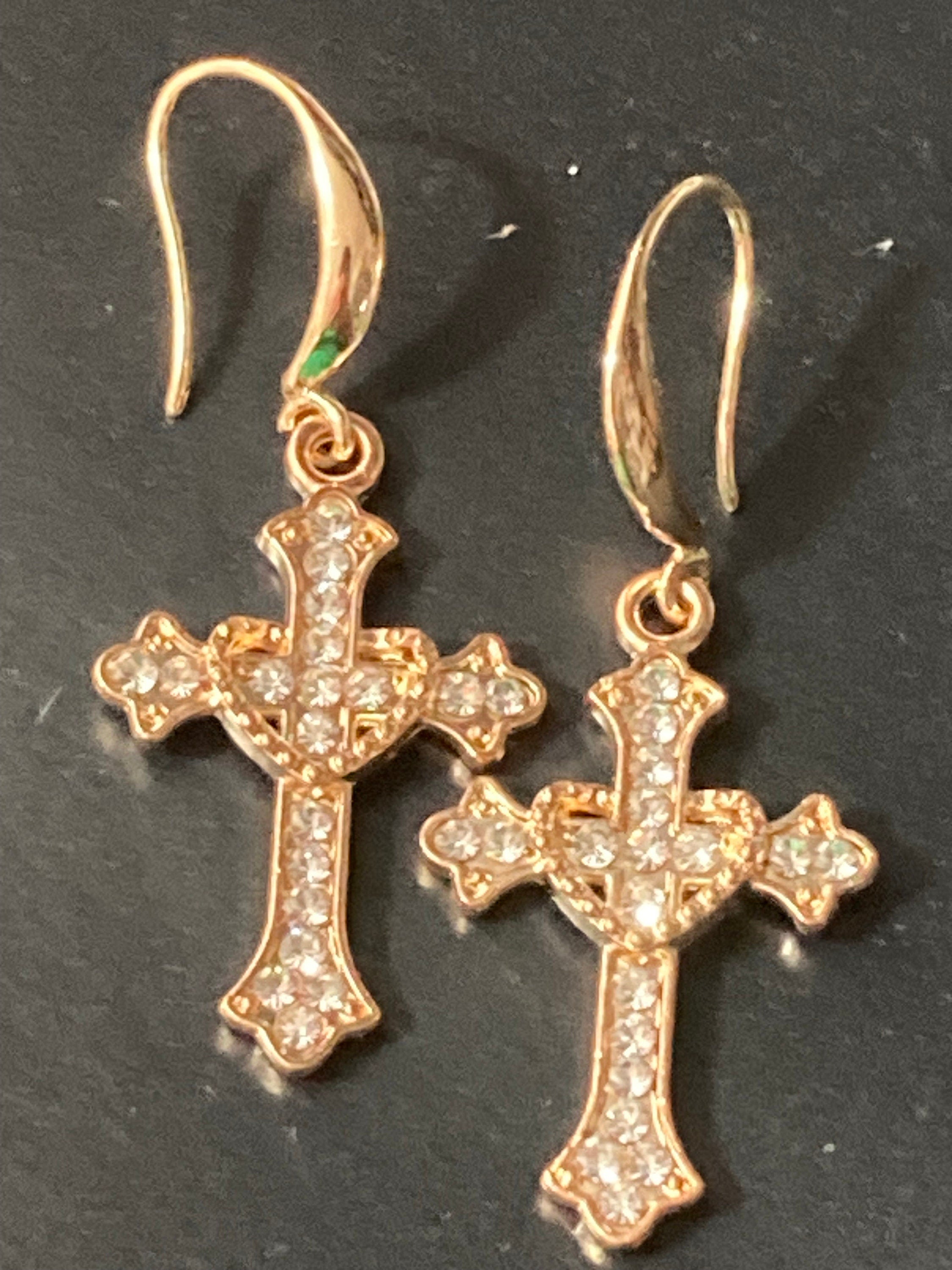 18k gold plated clear diamanté crystal religious cross earrings
