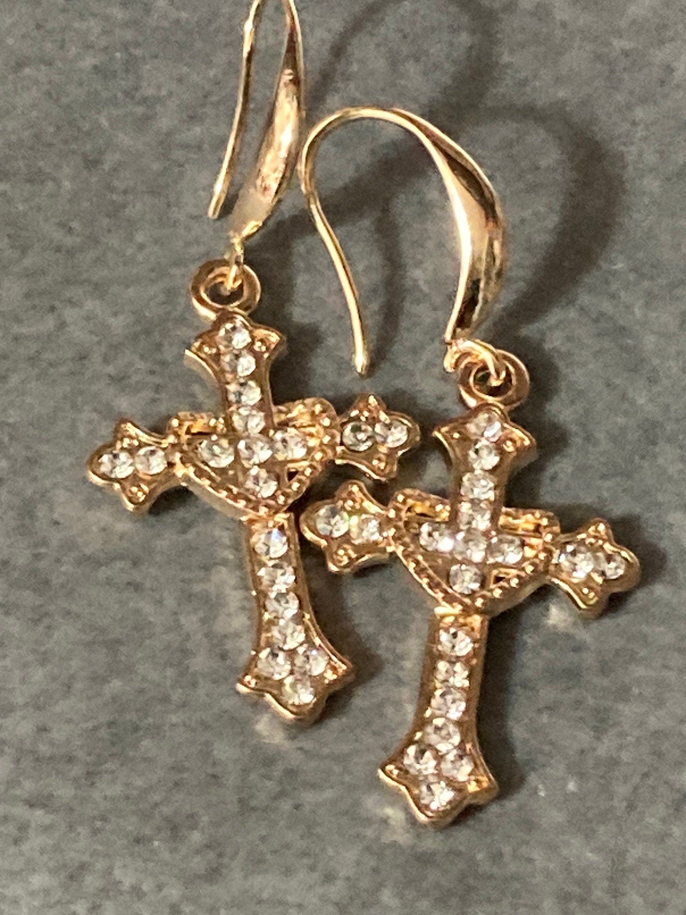 18k gold plated clear diamanté crystal religious cross earrings