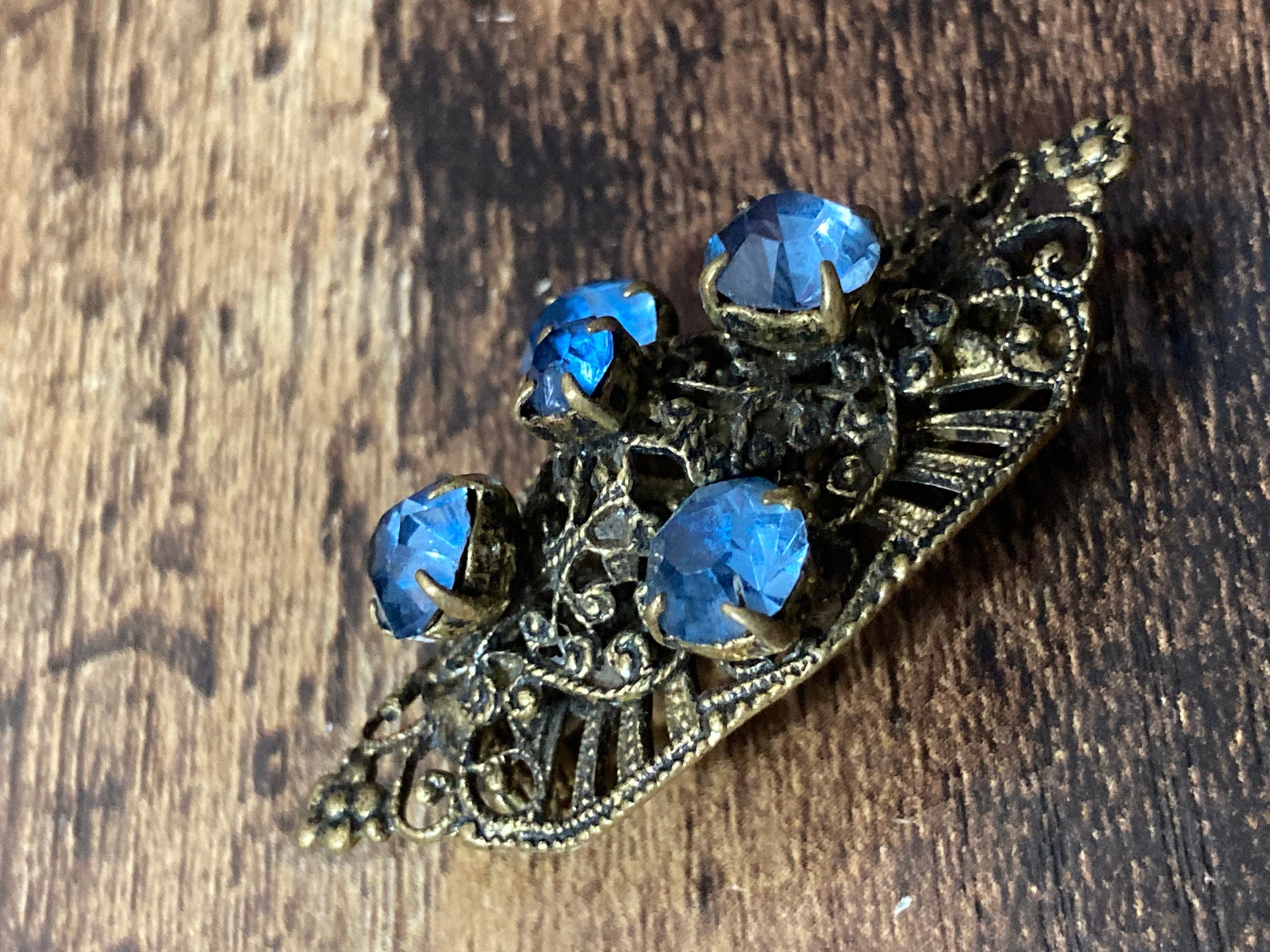 vintage Czech brass filigree sapphire blue glass  rhinestone diamanté brooch