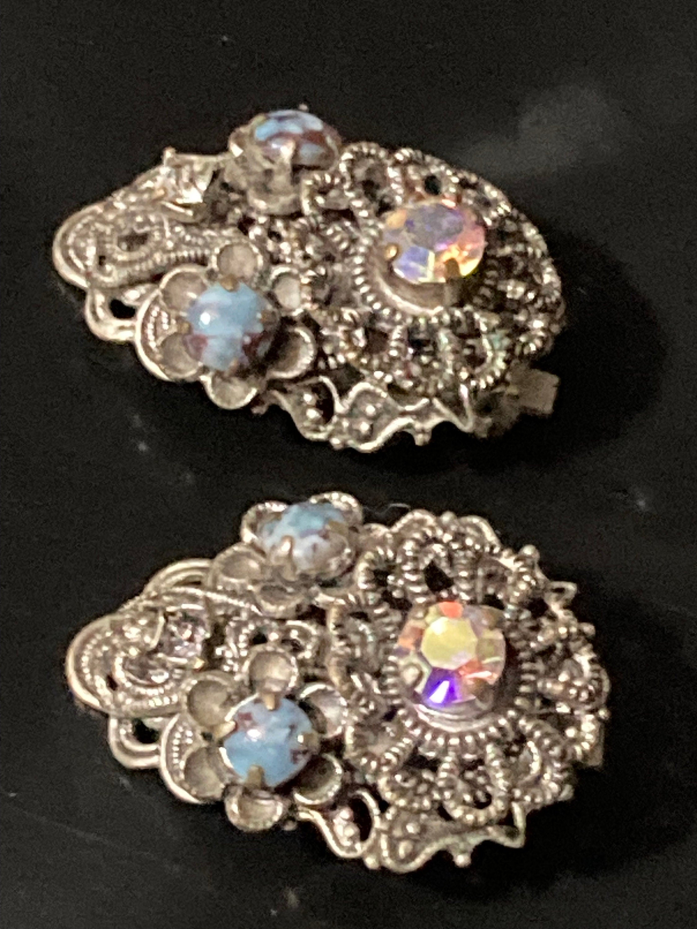 brass Filigree Clip on stud earrings with blue cabochons and AB rainbow paste Vintage Czech