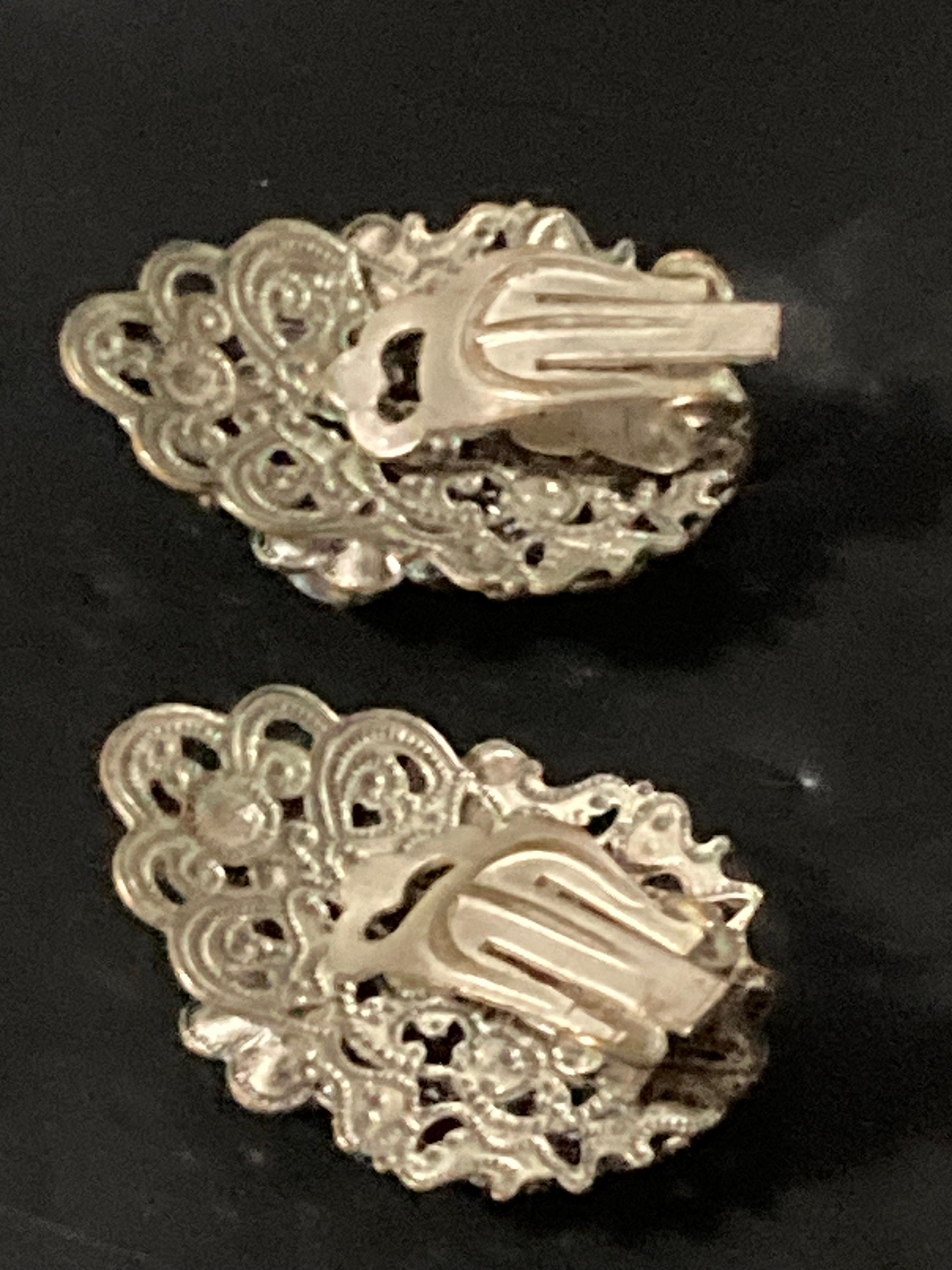 brass Filigree Clip on stud earrings with blue cabochons and AB rainbow paste Vintage Czech