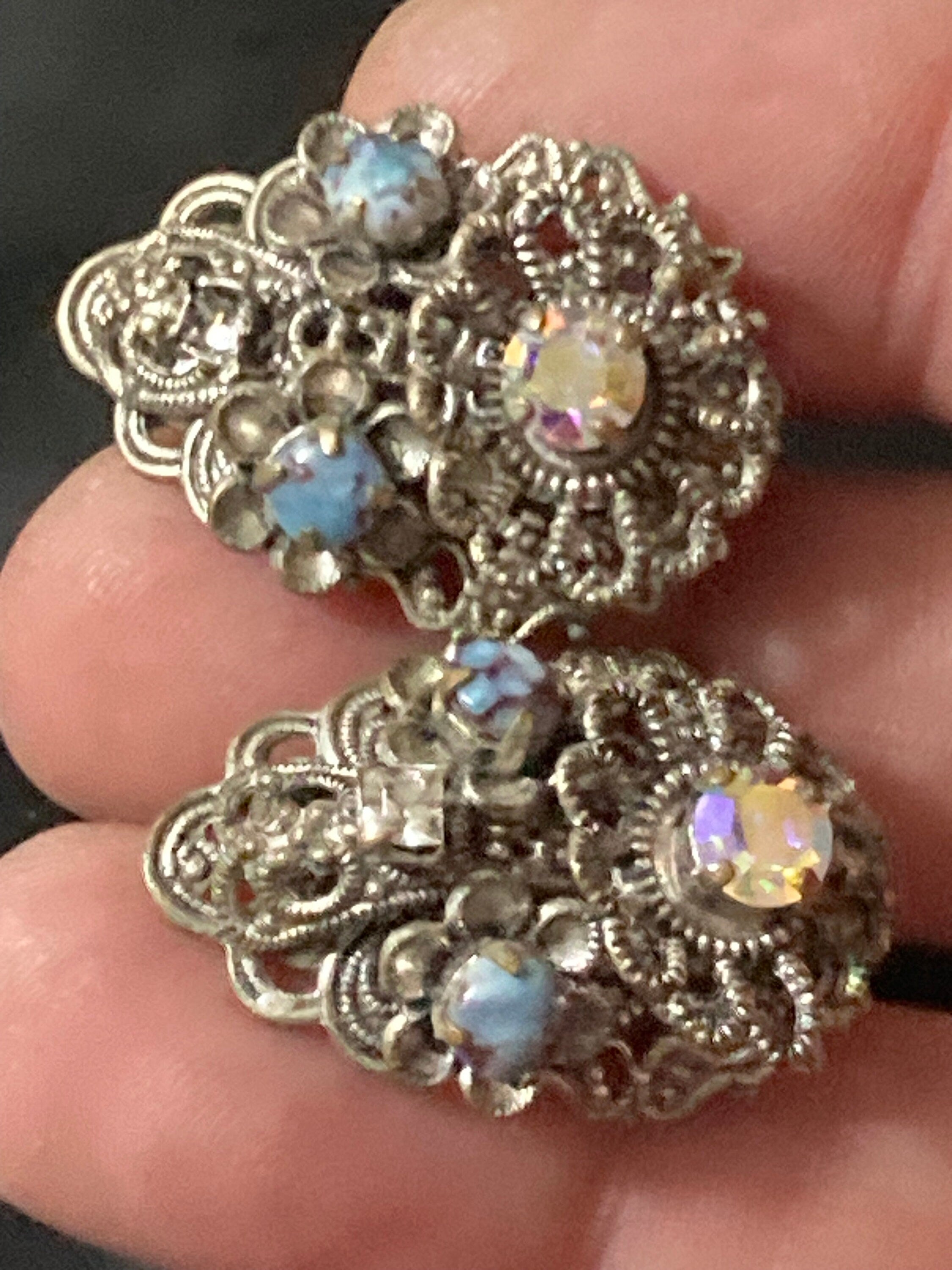 brass Filigree Clip on stud earrings with blue cabochons and AB rainbow paste Vintage Czech