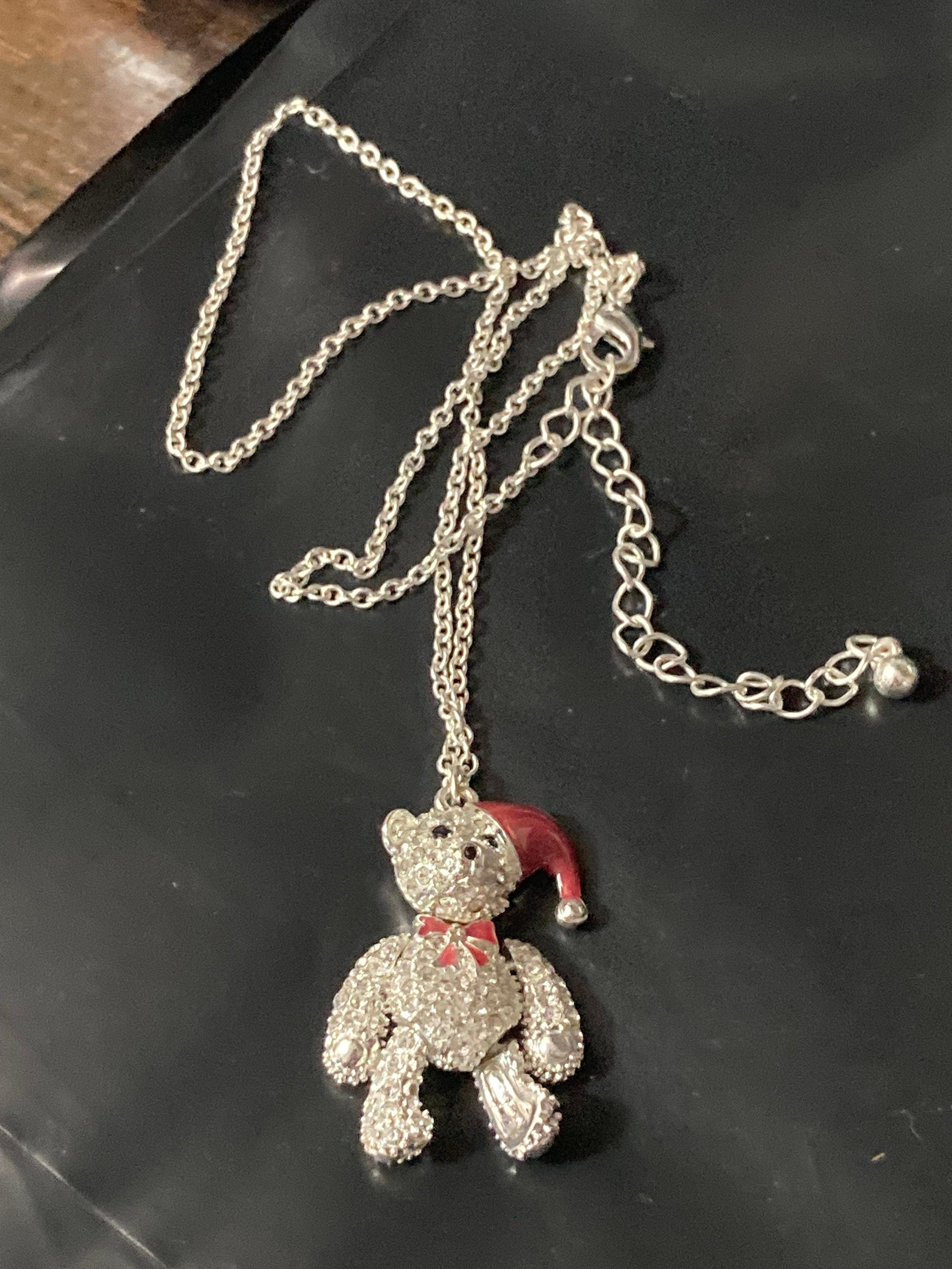 Retro articulated limbs clear diamanté Christmas teddy bear pendant necklace