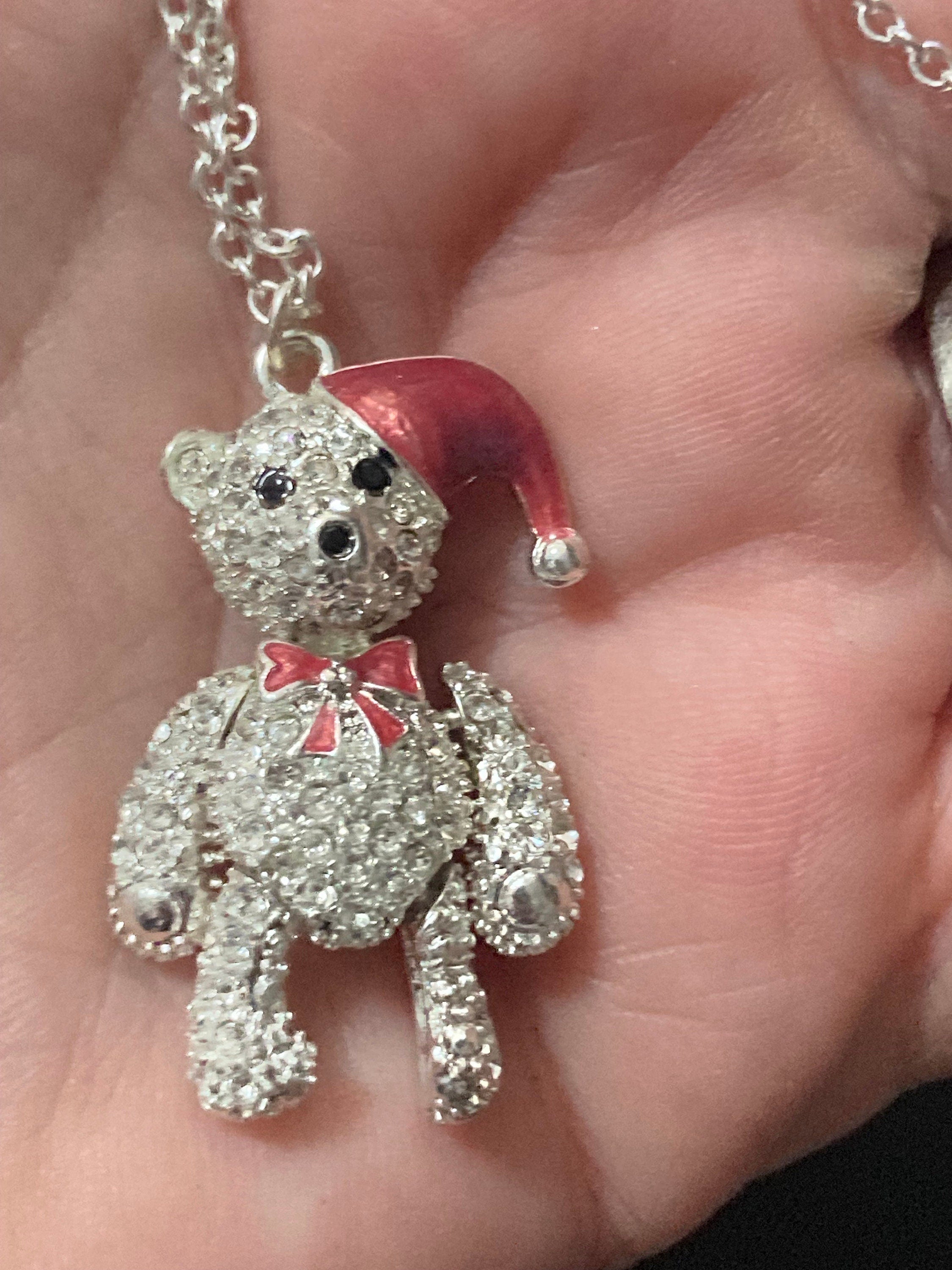 Retro articulated limbs clear diamanté Christmas teddy bear pendant necklace