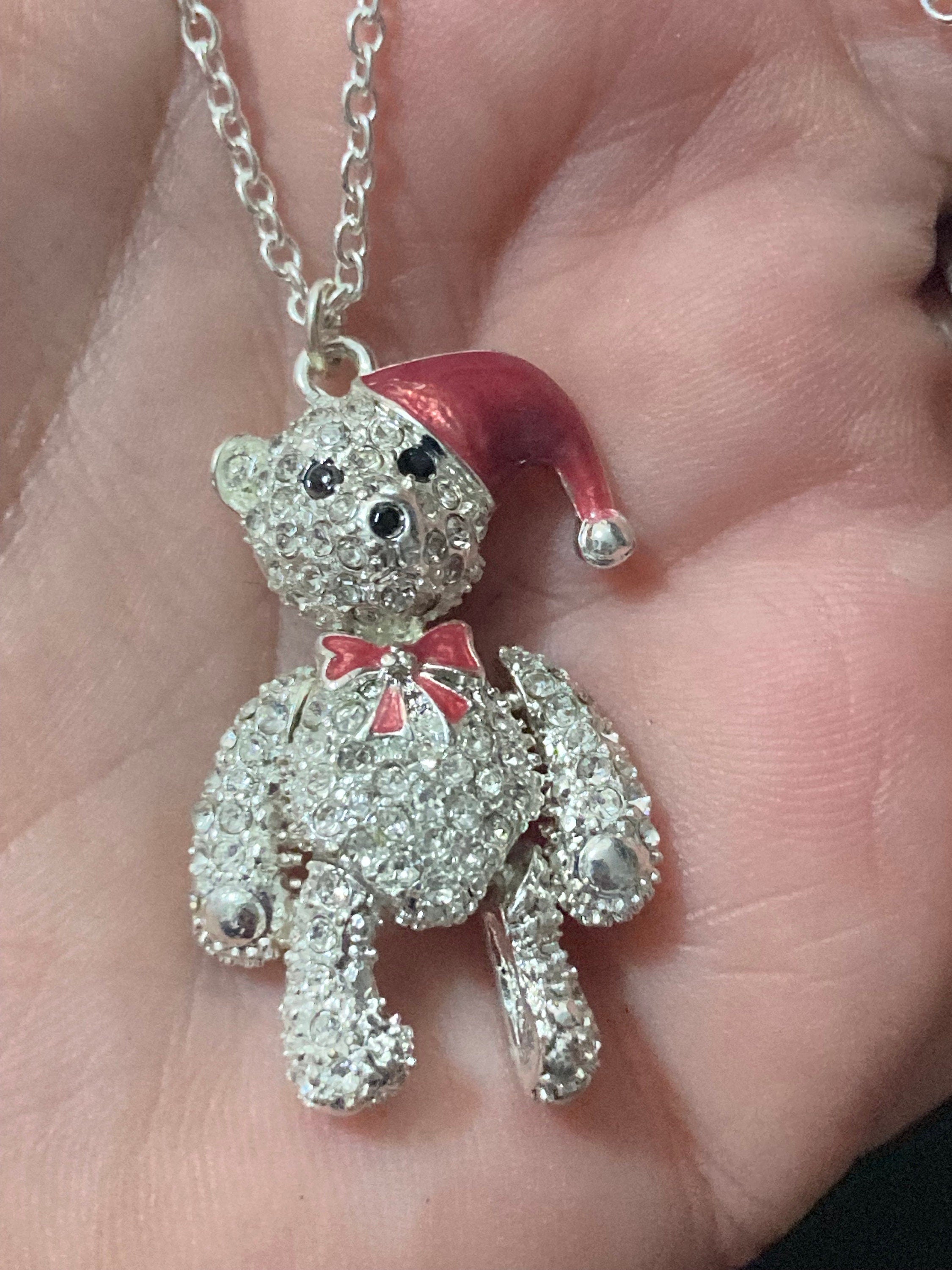 Retro articulated limbs clear diamanté Christmas teddy bear pendant necklace