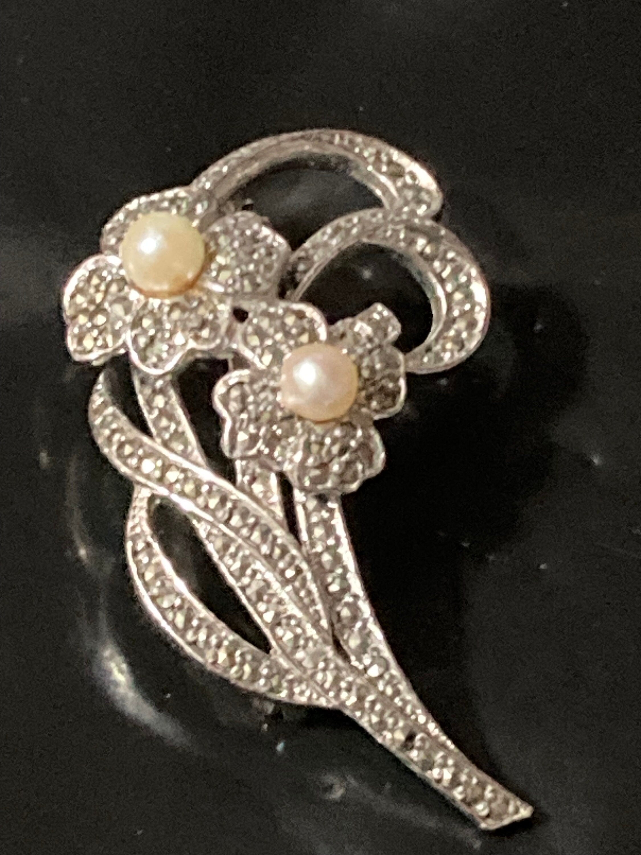 Vintage Sphinx brooch floral marcasite and faux pearl