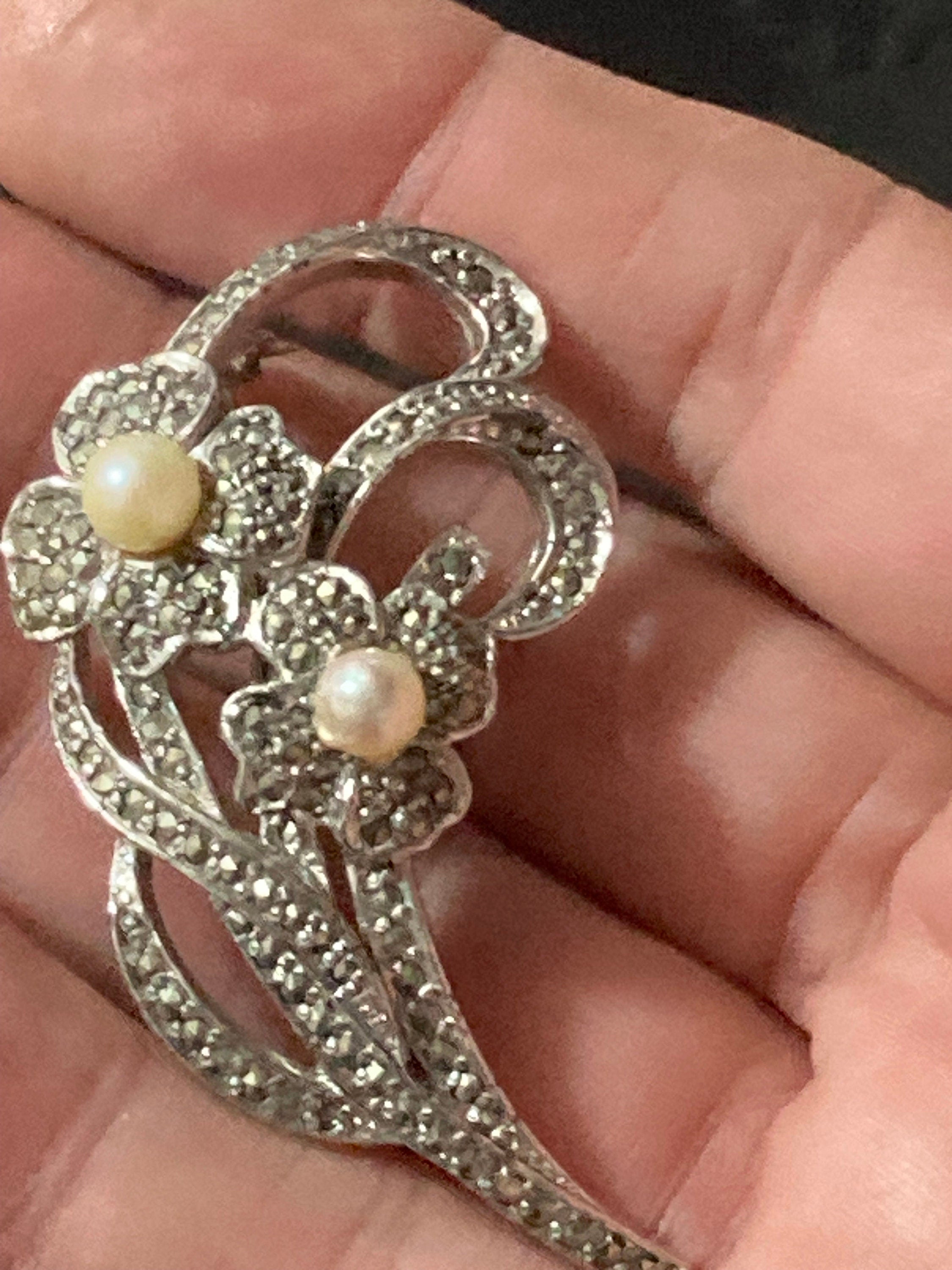Vintage Sphinx brooch floral marcasite and faux pearl