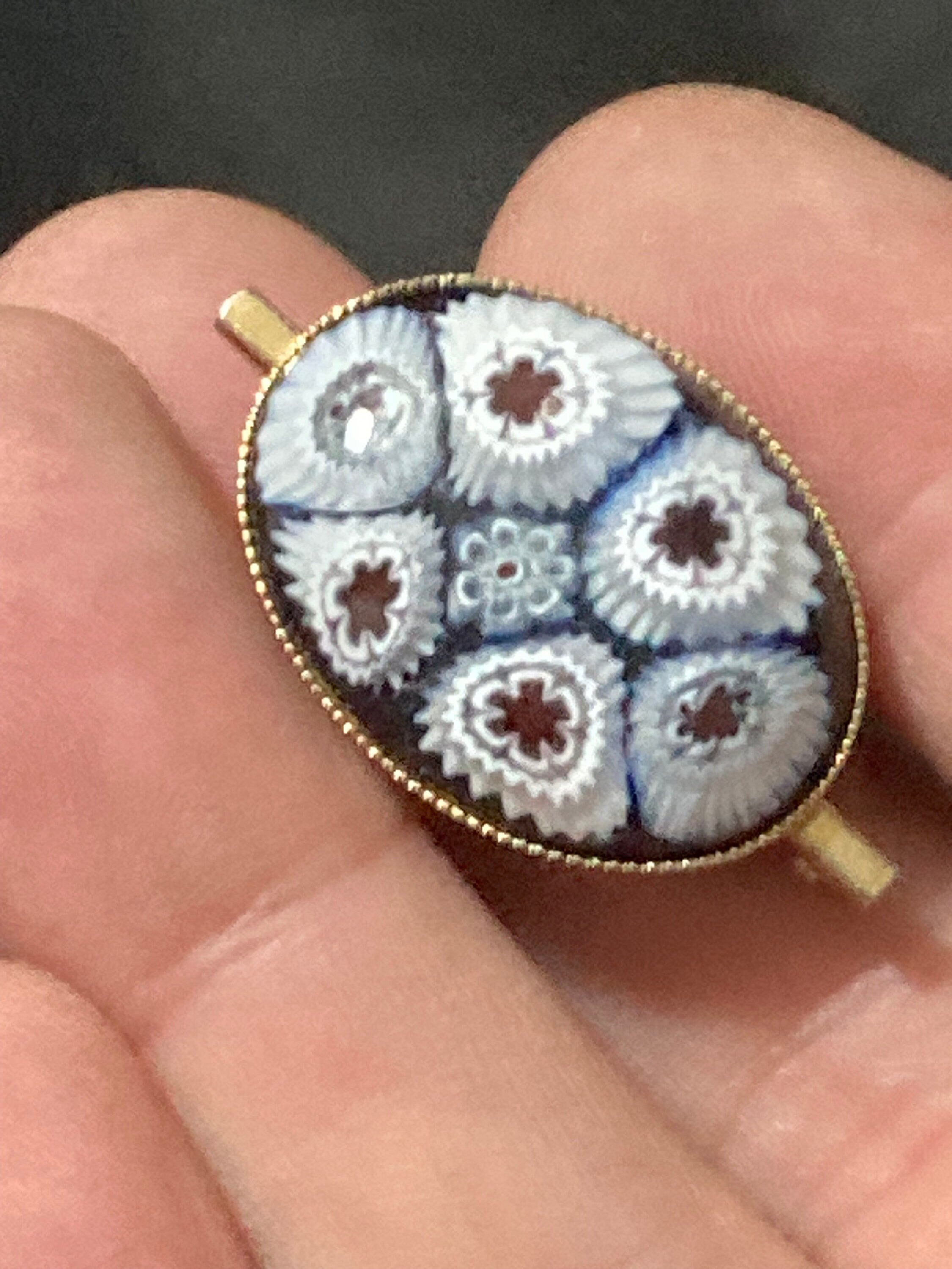 Vintage Italian Micro Mosaic Millefiori Brooch blue red Floral Flowers 1980s