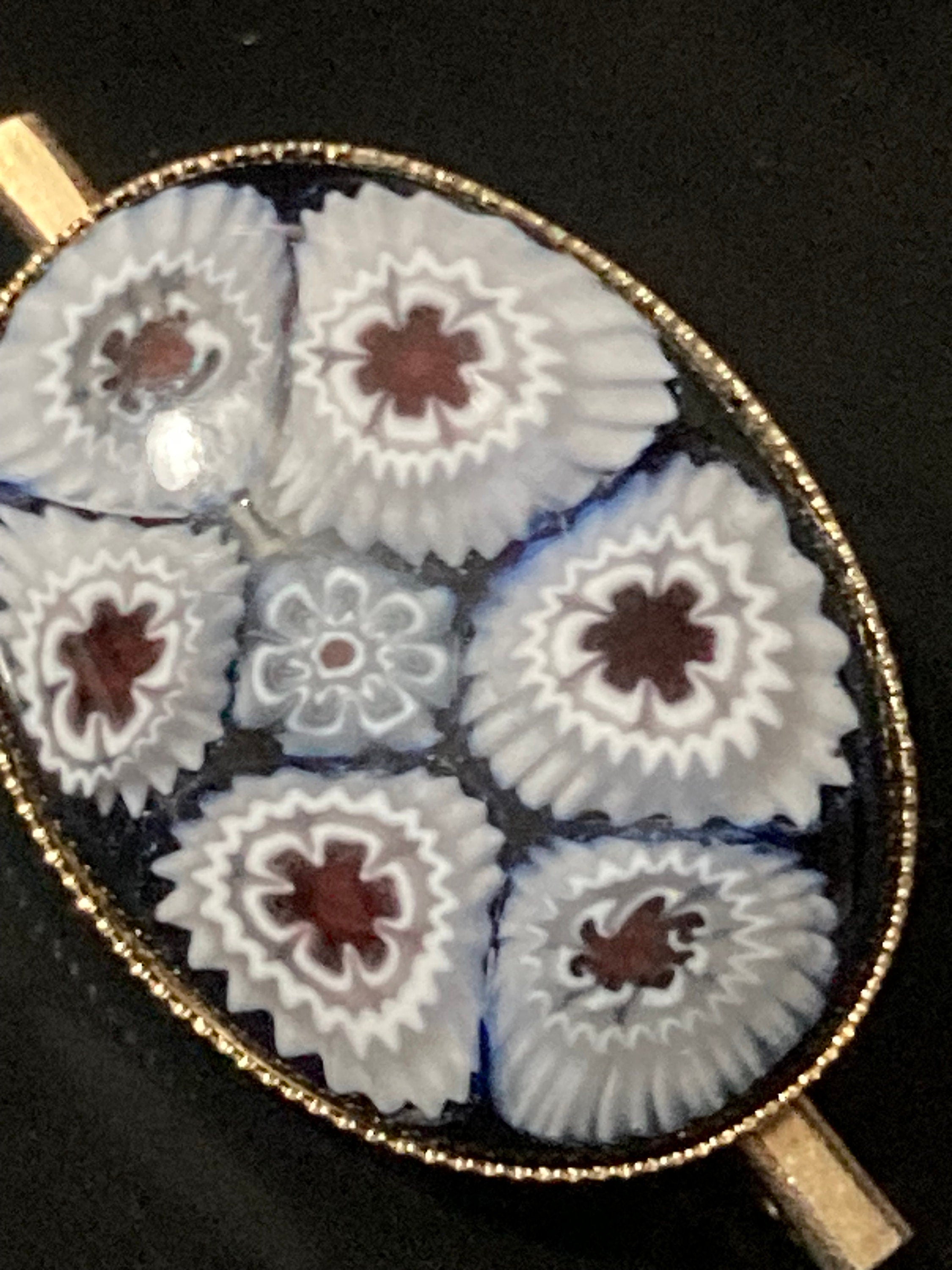 Vintage Italian Micro Mosaic Millefiori Brooch blue red Floral Flowers 1980s