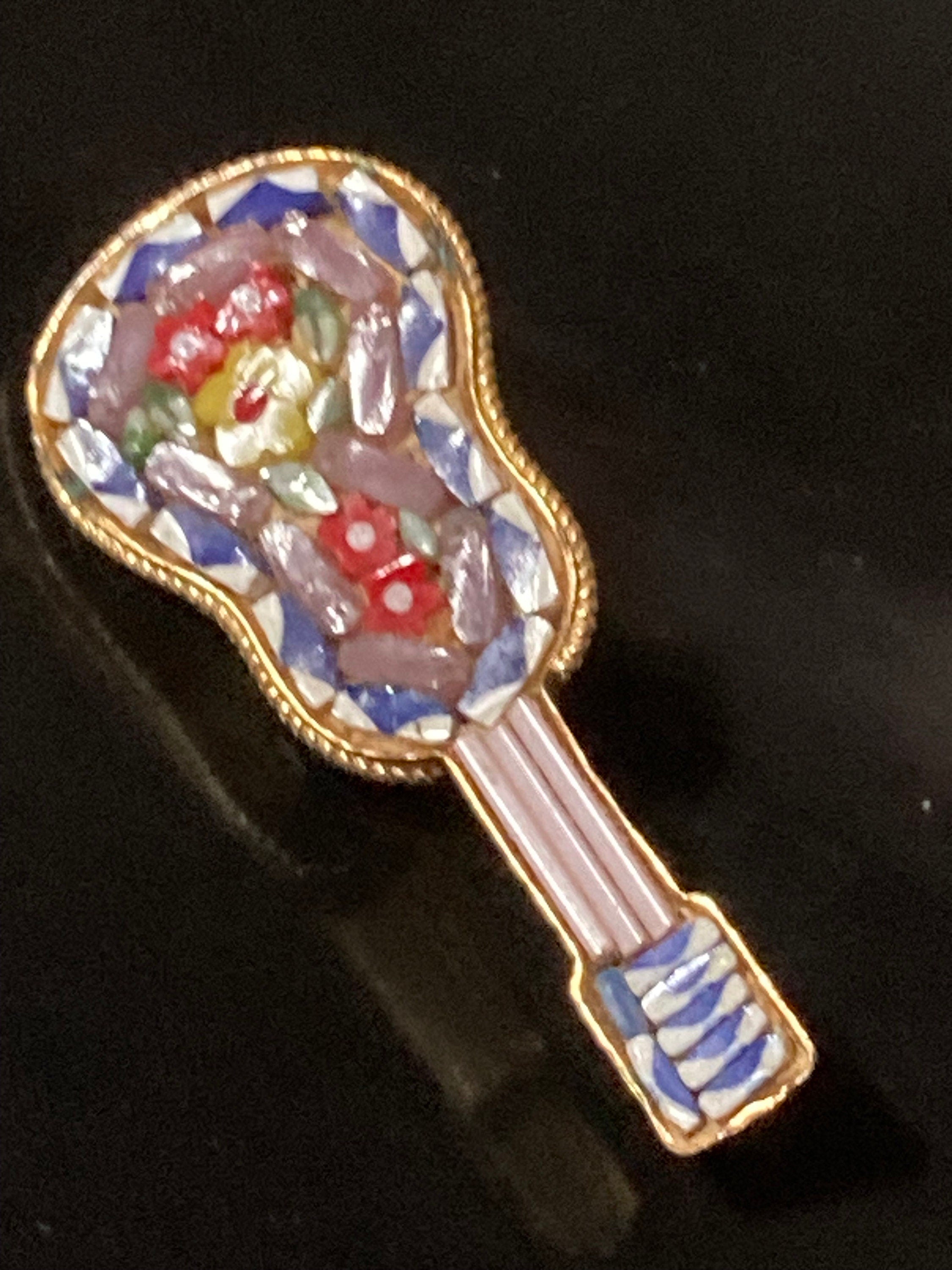 Vintage retro Italian micro mosaic guitar detailed brooch gold tone brass metal