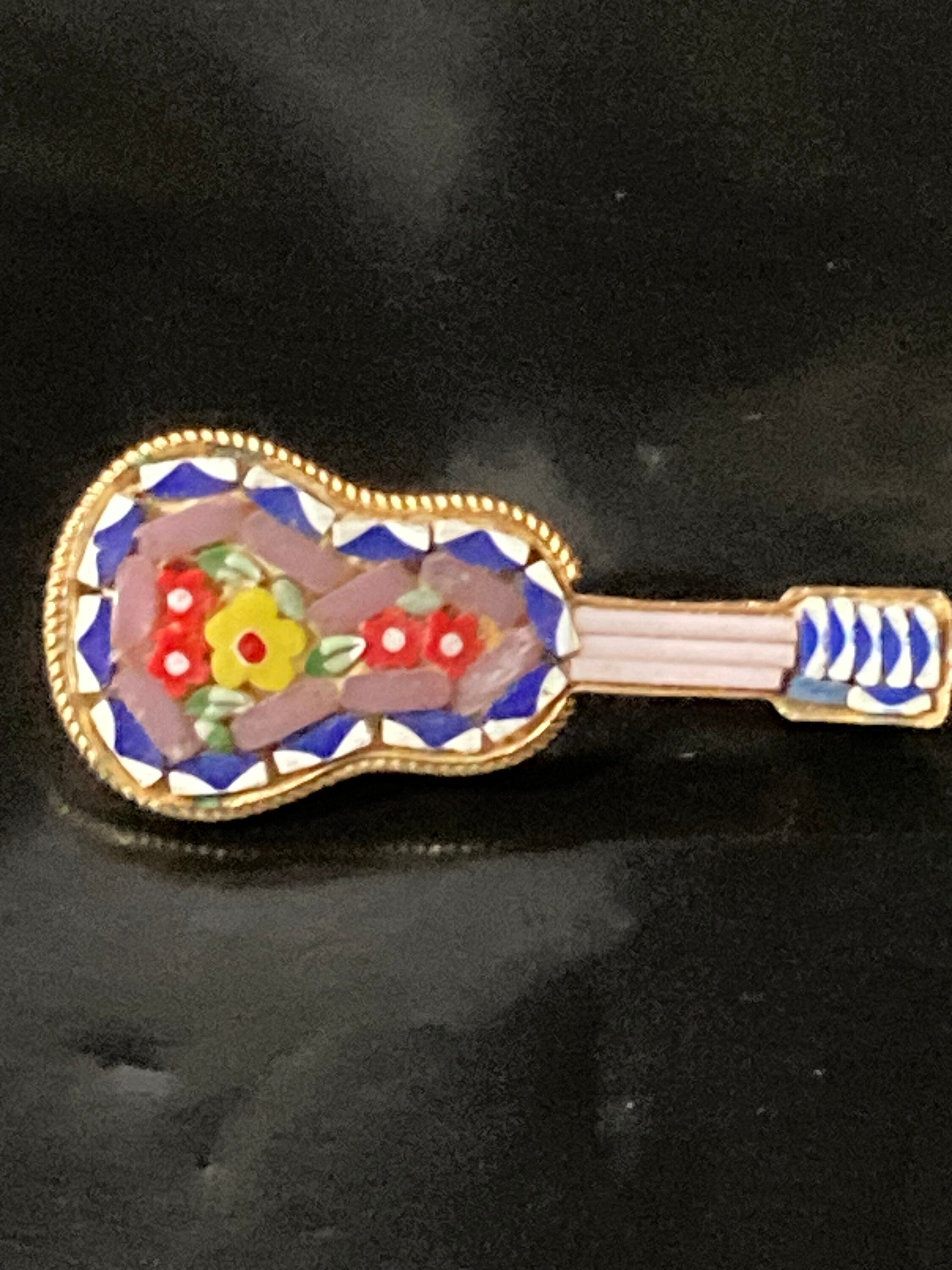 Vintage retro Italian micro mosaic guitar detailed brooch gold tone brass metal