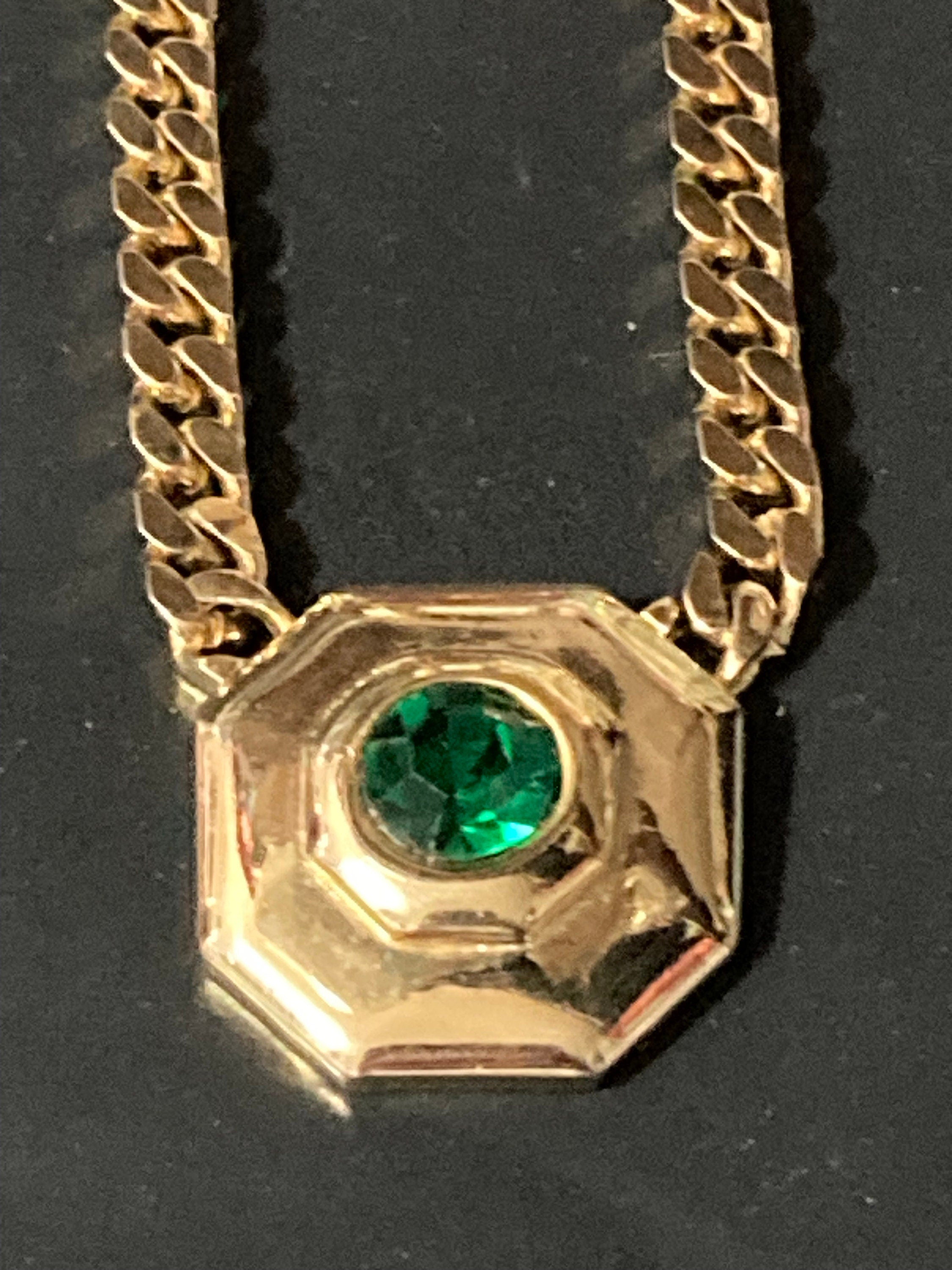 Signed Sphinx Emerald green glass octagonal diamanté necklace
