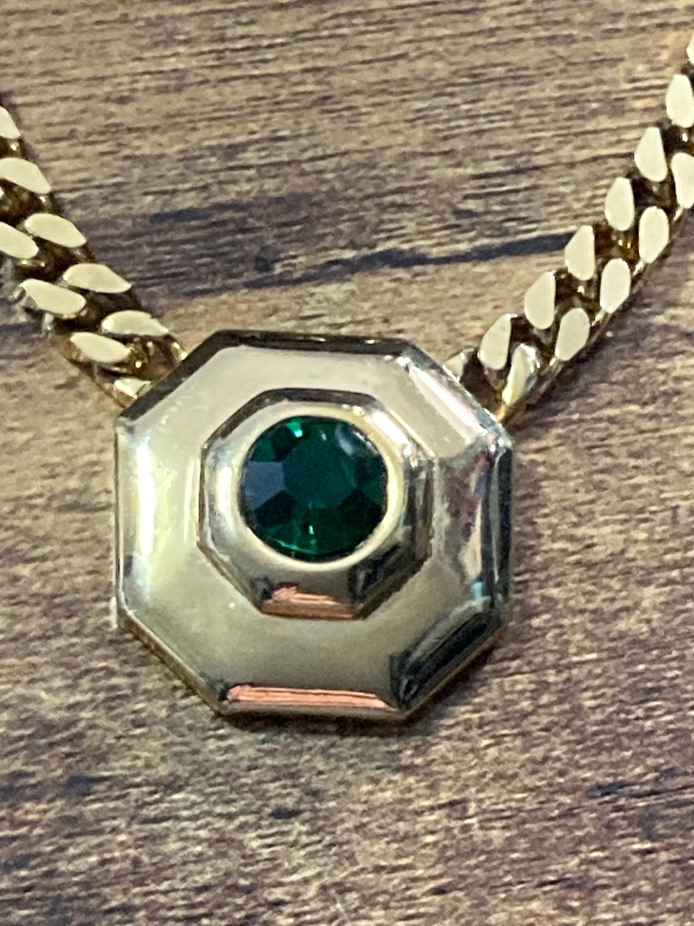 Signed Sphinx Emerald green glass octagonal diamanté necklace