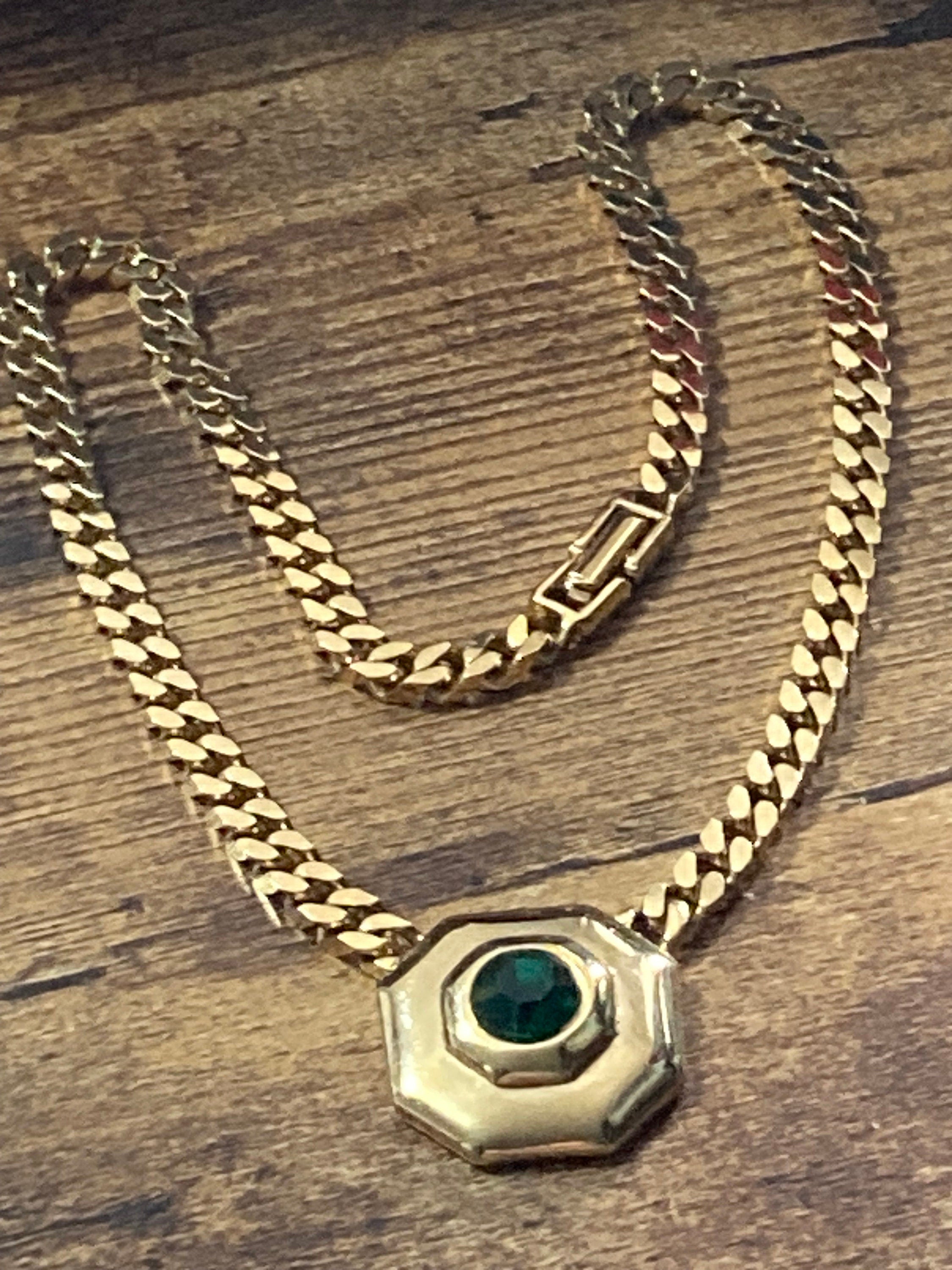 Signed Sphinx Emerald green glass octagonal diamanté necklace