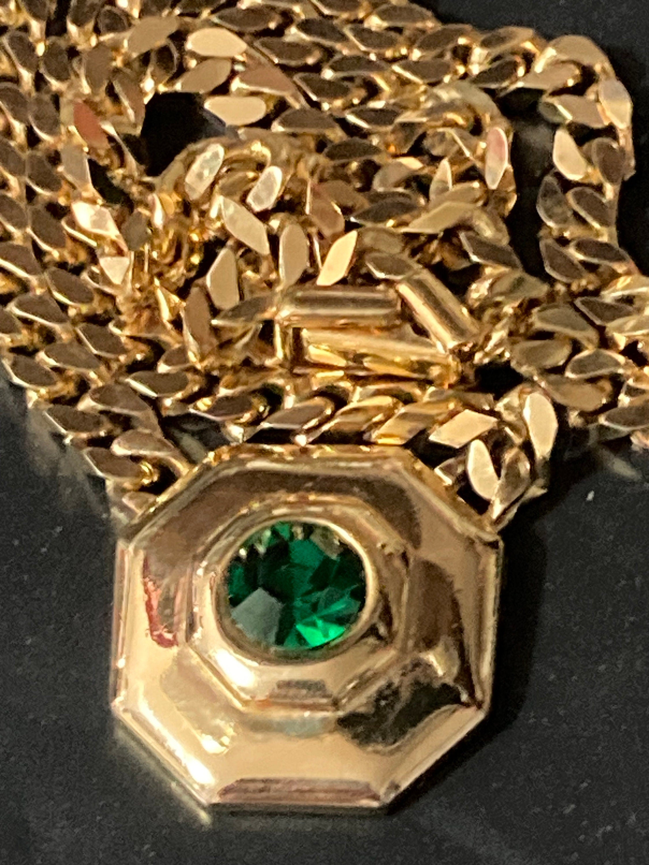 Signed Sphinx Emerald green glass octagonal diamanté necklace