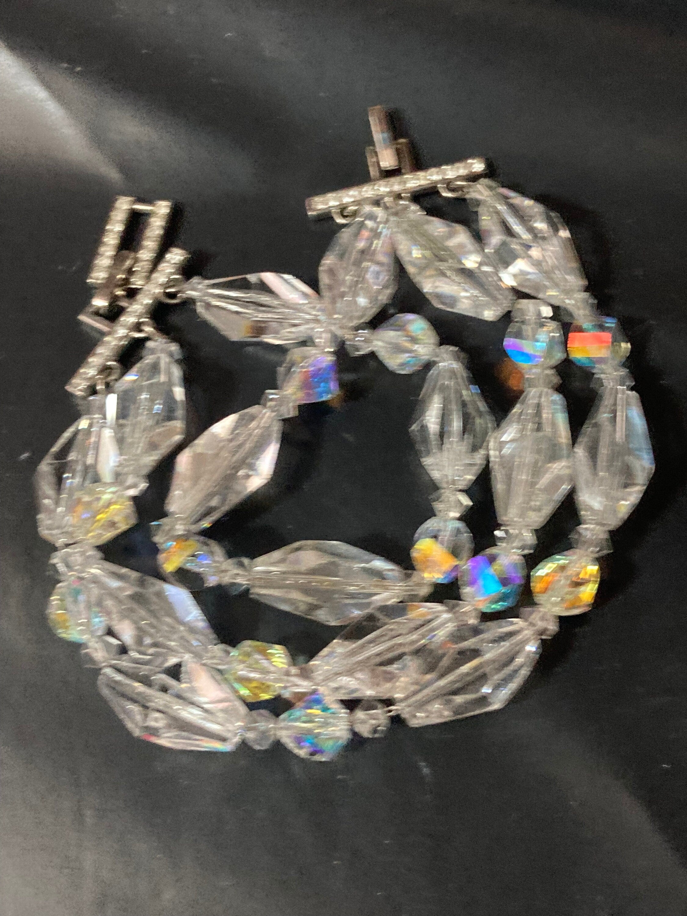 Signed Avon Vintage clear faceted glass  beaded 3 row wide Bracelet silver tone art deco style
