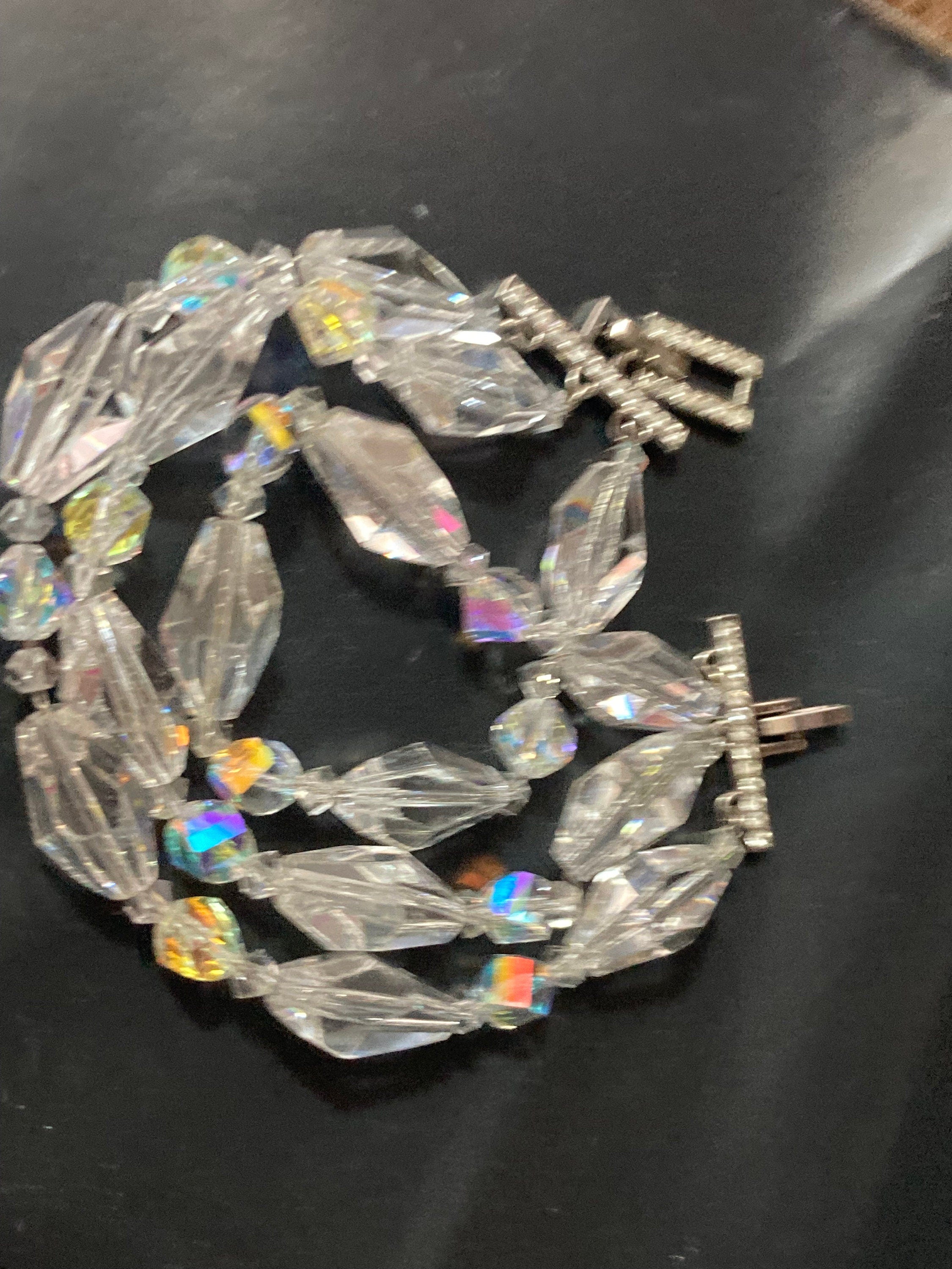 Signed Avon Vintage clear faceted glass  beaded 3 row wide Bracelet silver tone art deco style