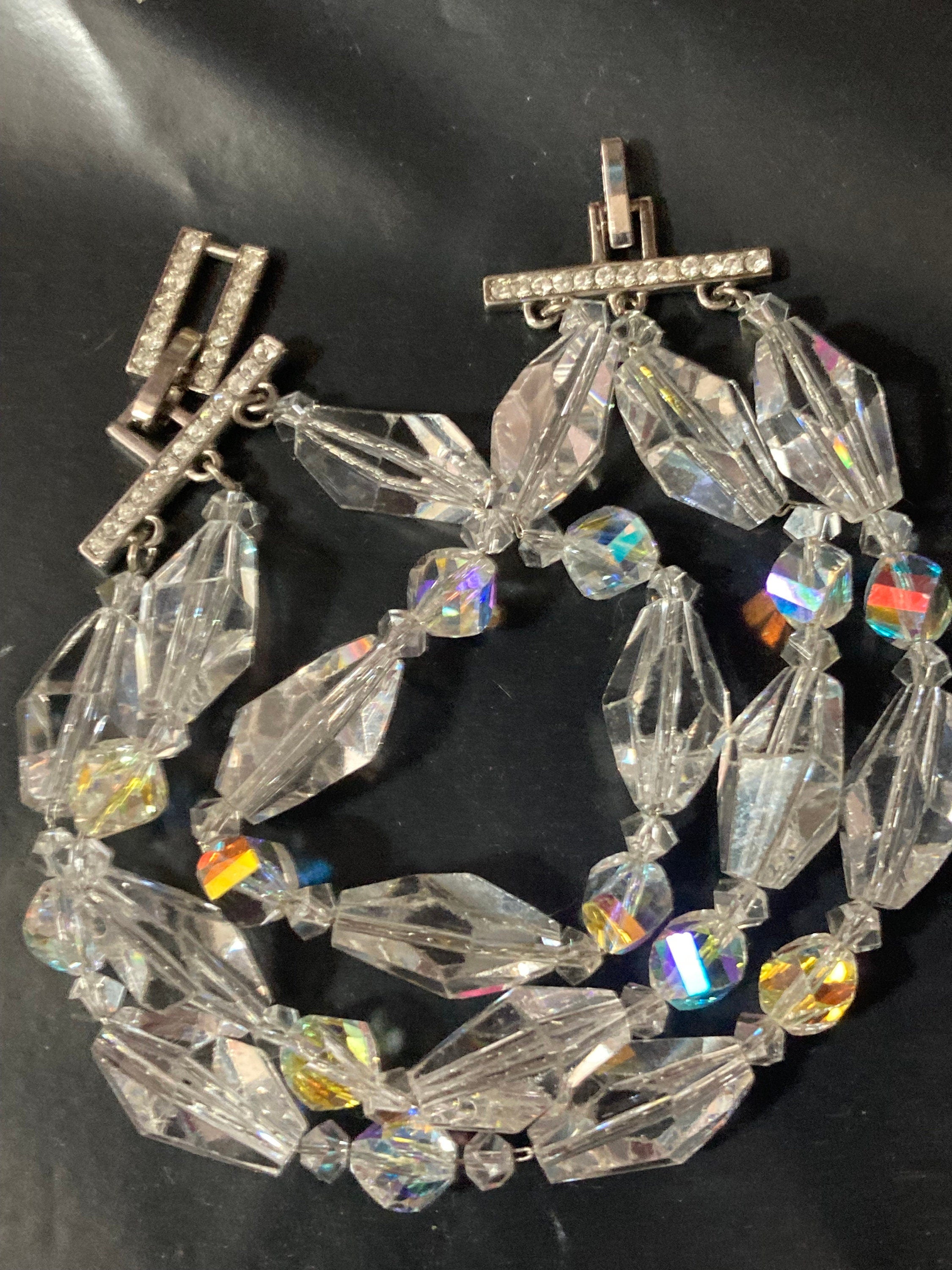 Signed Avon Vintage clear faceted glass  beaded 3 row wide Bracelet silver tone art deco style