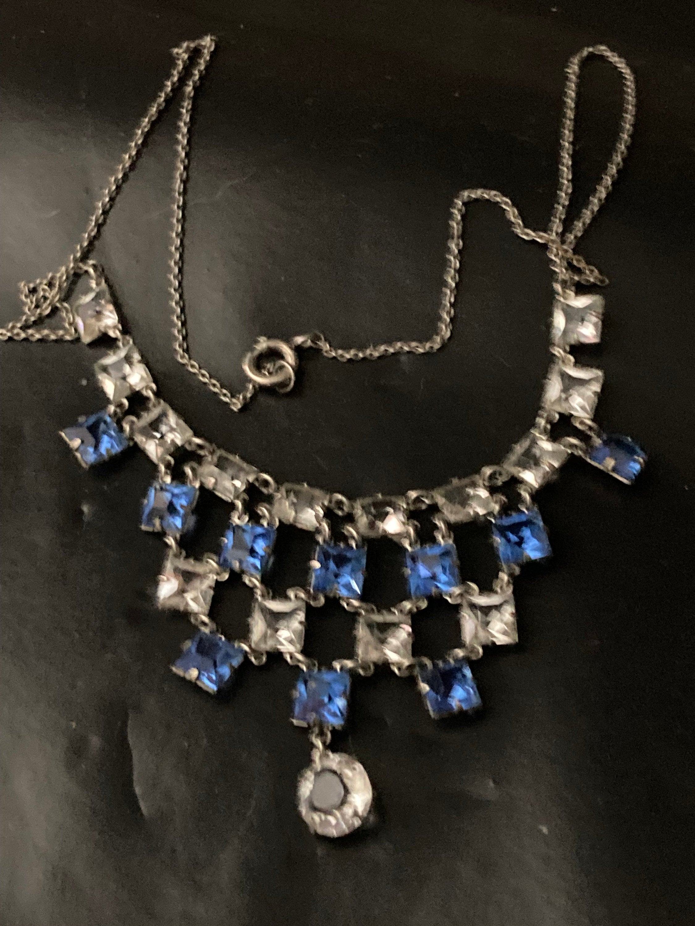Petite Art Deco czech open back crystal Sapphire blue clear diamanté Paste Rhinestone glass bib necklace
