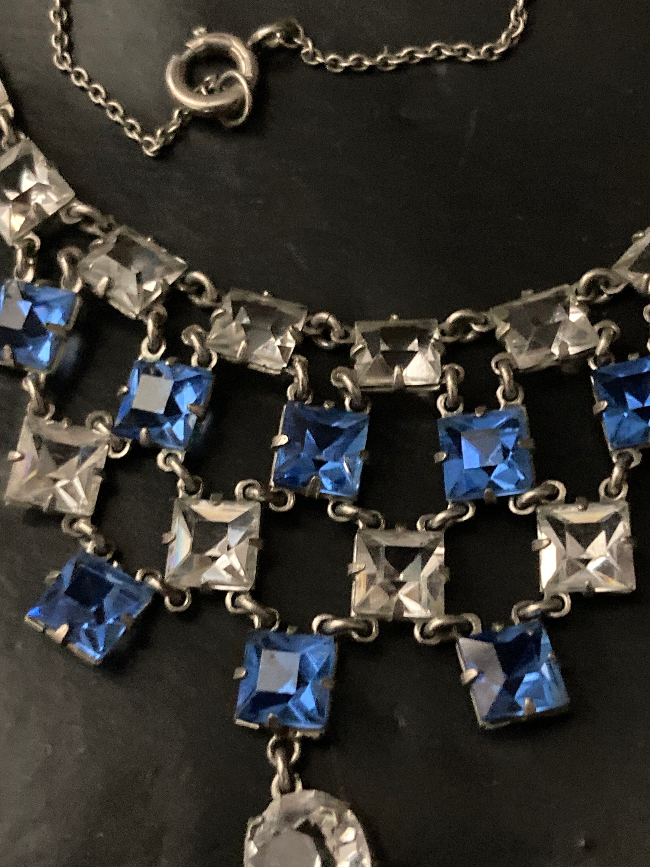 Petite Art Deco czech open back crystal Sapphire blue clear diamanté Paste Rhinestone glass bib necklace