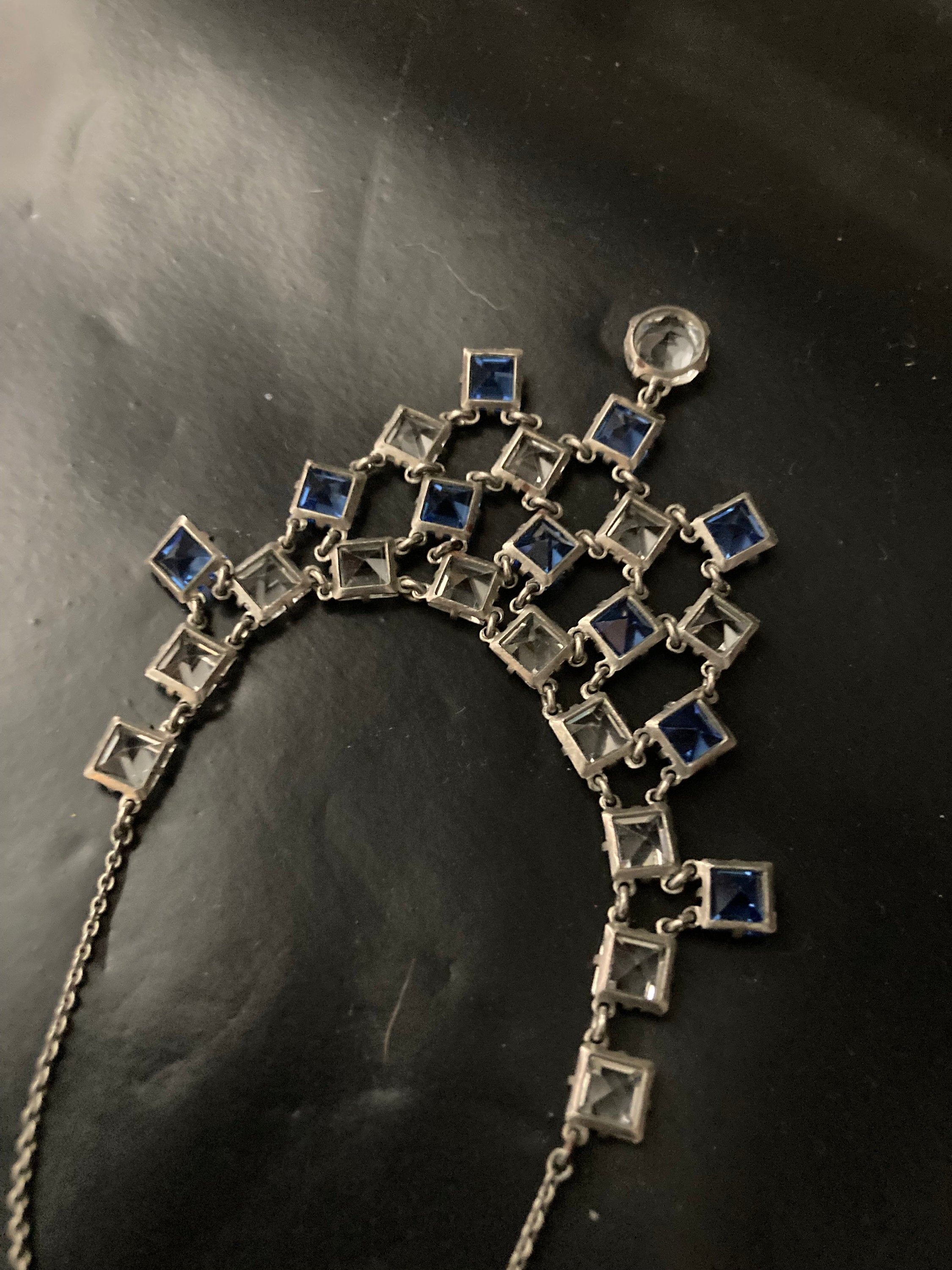 Petite Art Deco czech open back crystal Sapphire blue clear diamanté Paste Rhinestone glass bib necklace
