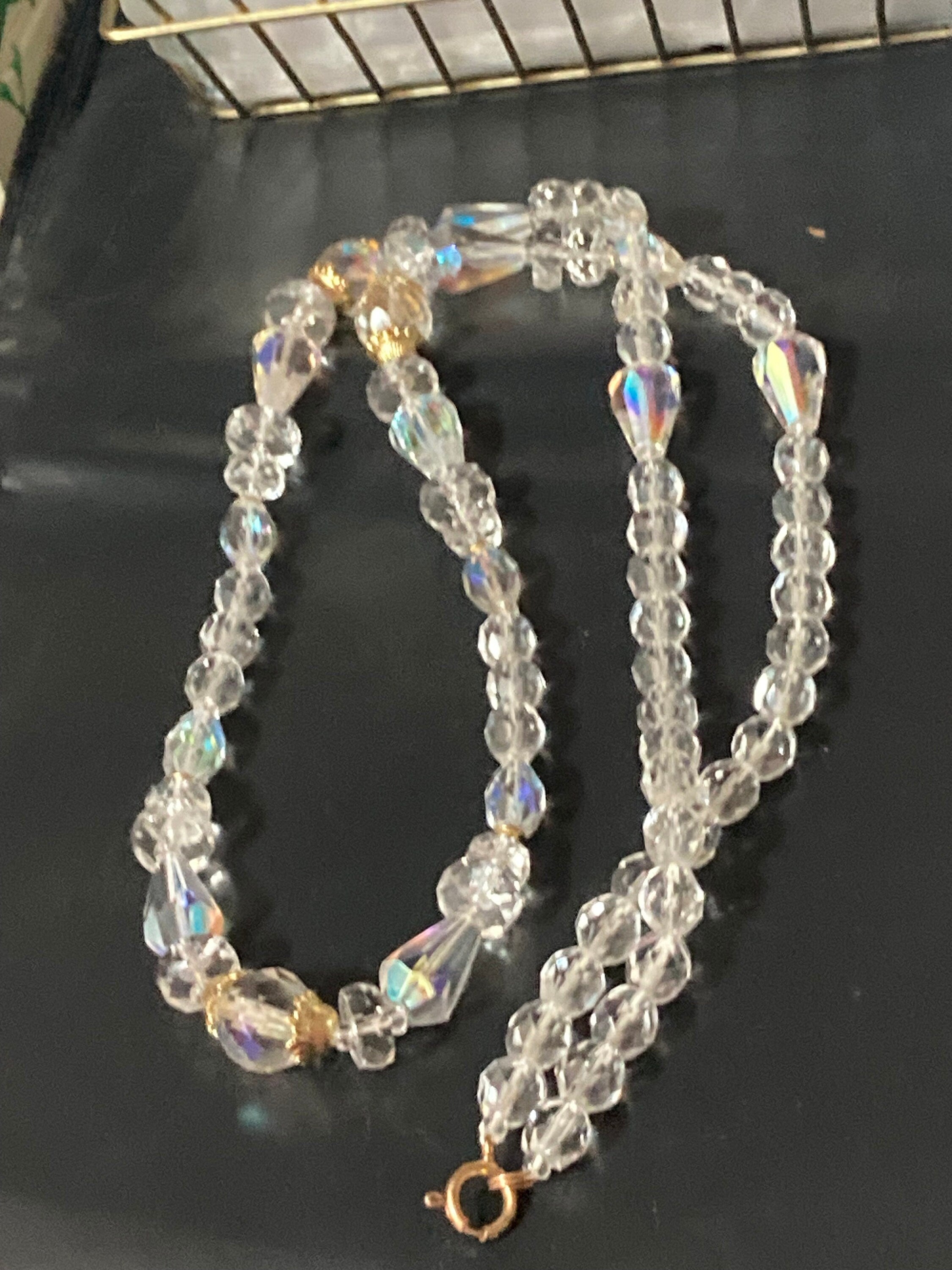 Long faceted glass single strand beaded clear diamanté crystal necklace 72cm