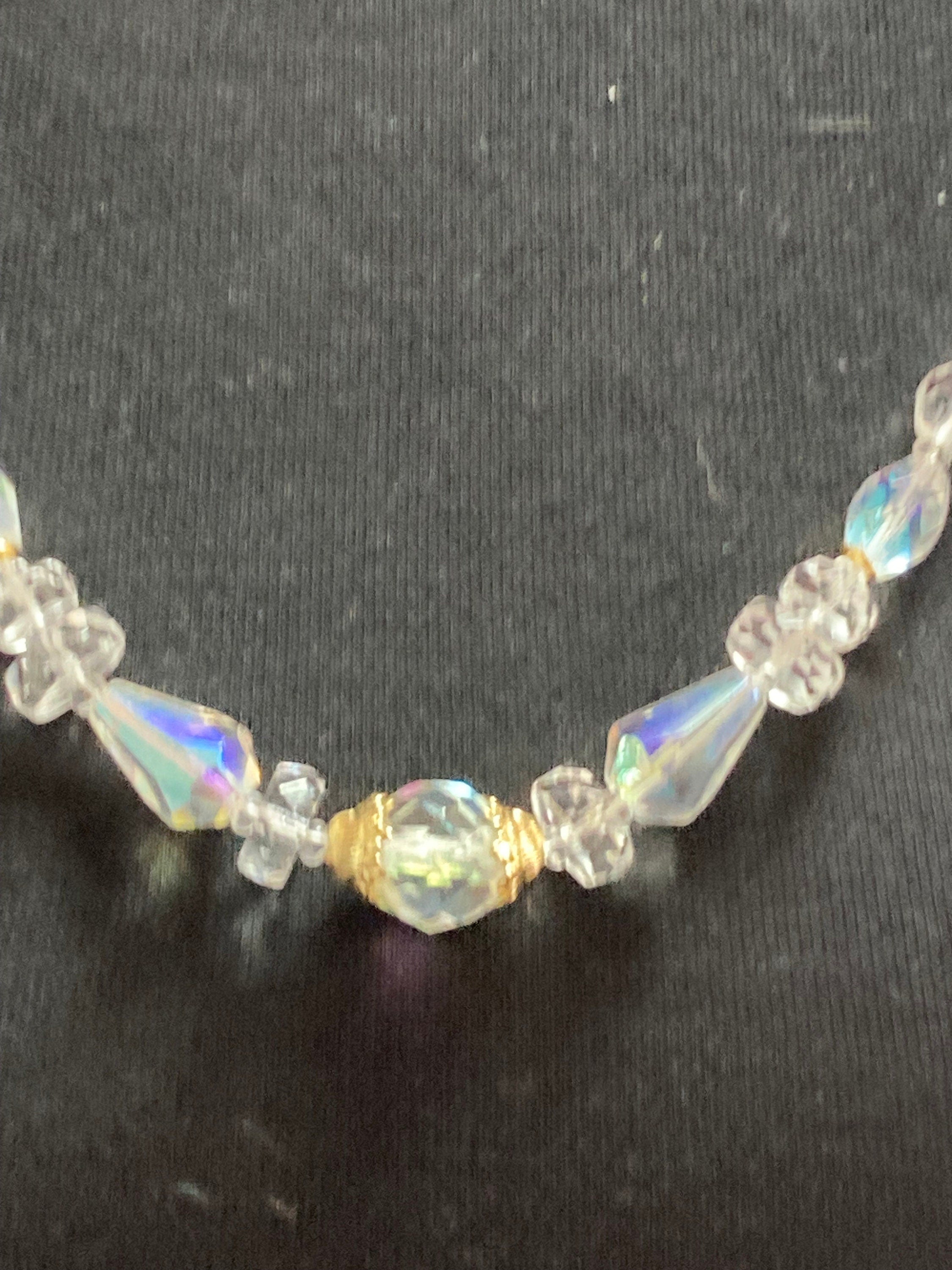 Long faceted glass single strand beaded clear diamanté crystal necklace 72cm