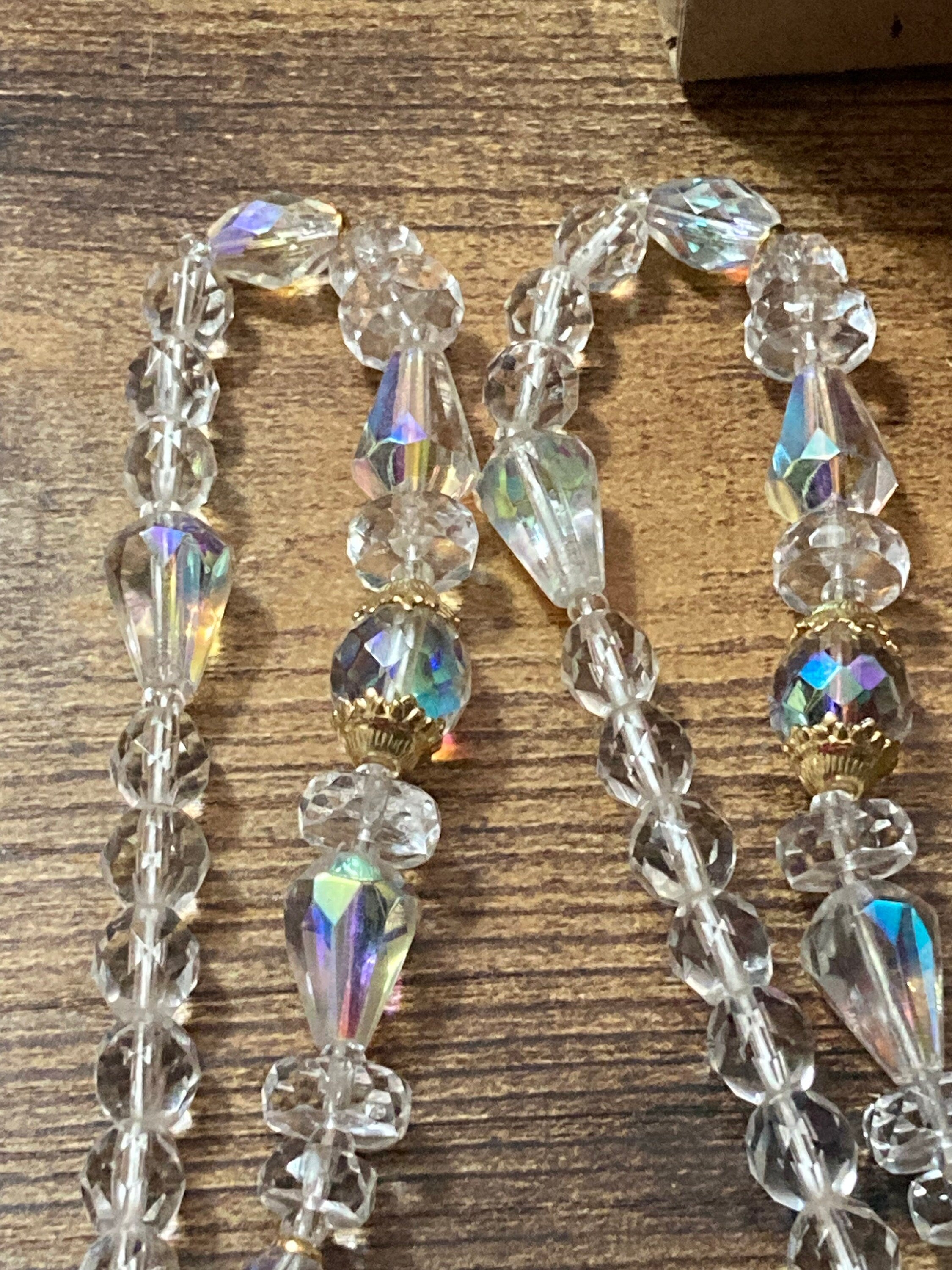 Long faceted glass single strand beaded clear diamanté crystal necklace 72cm