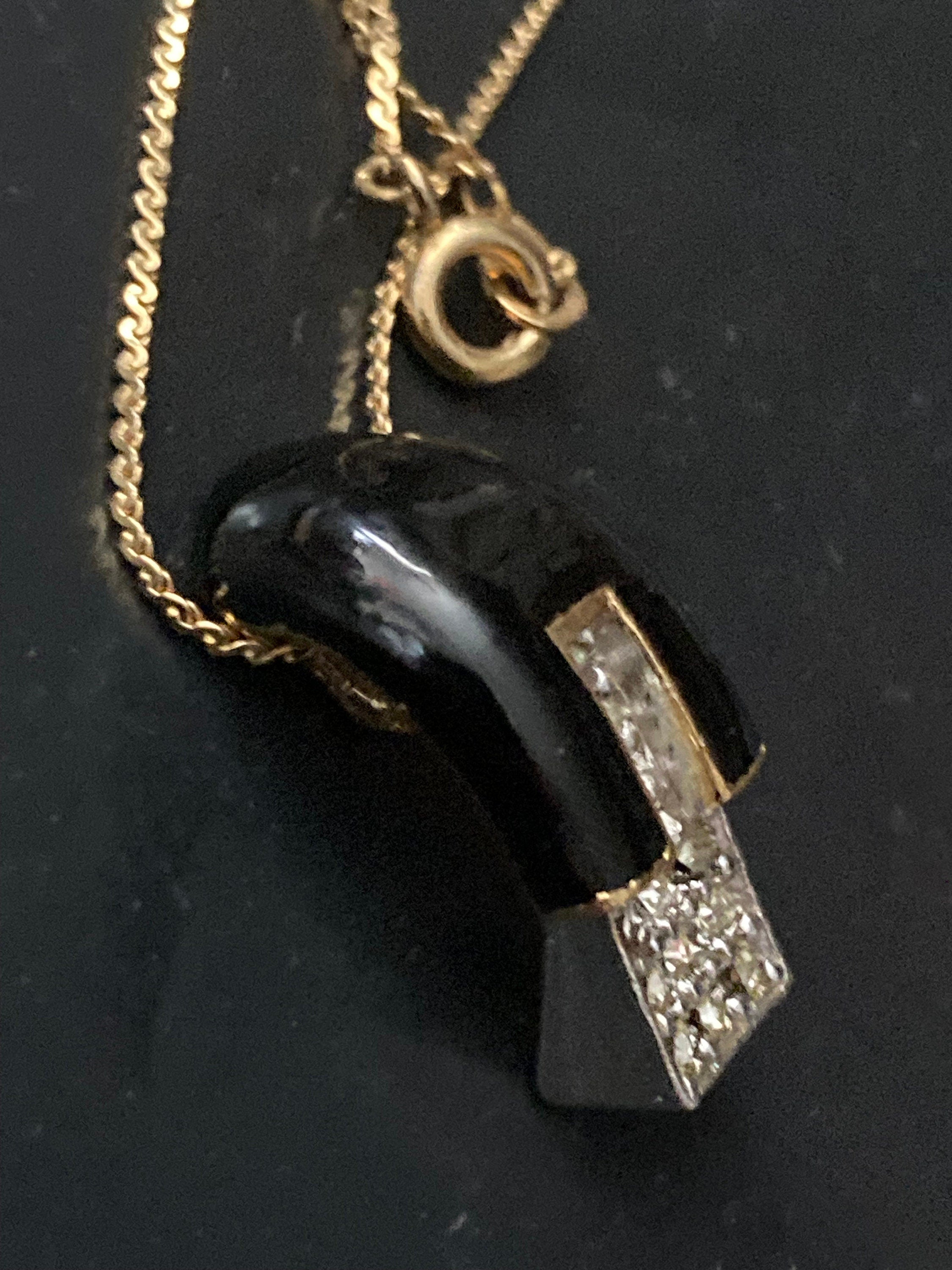 Dainty petite retro 38cm simple gold chain with black and diamanté pendant