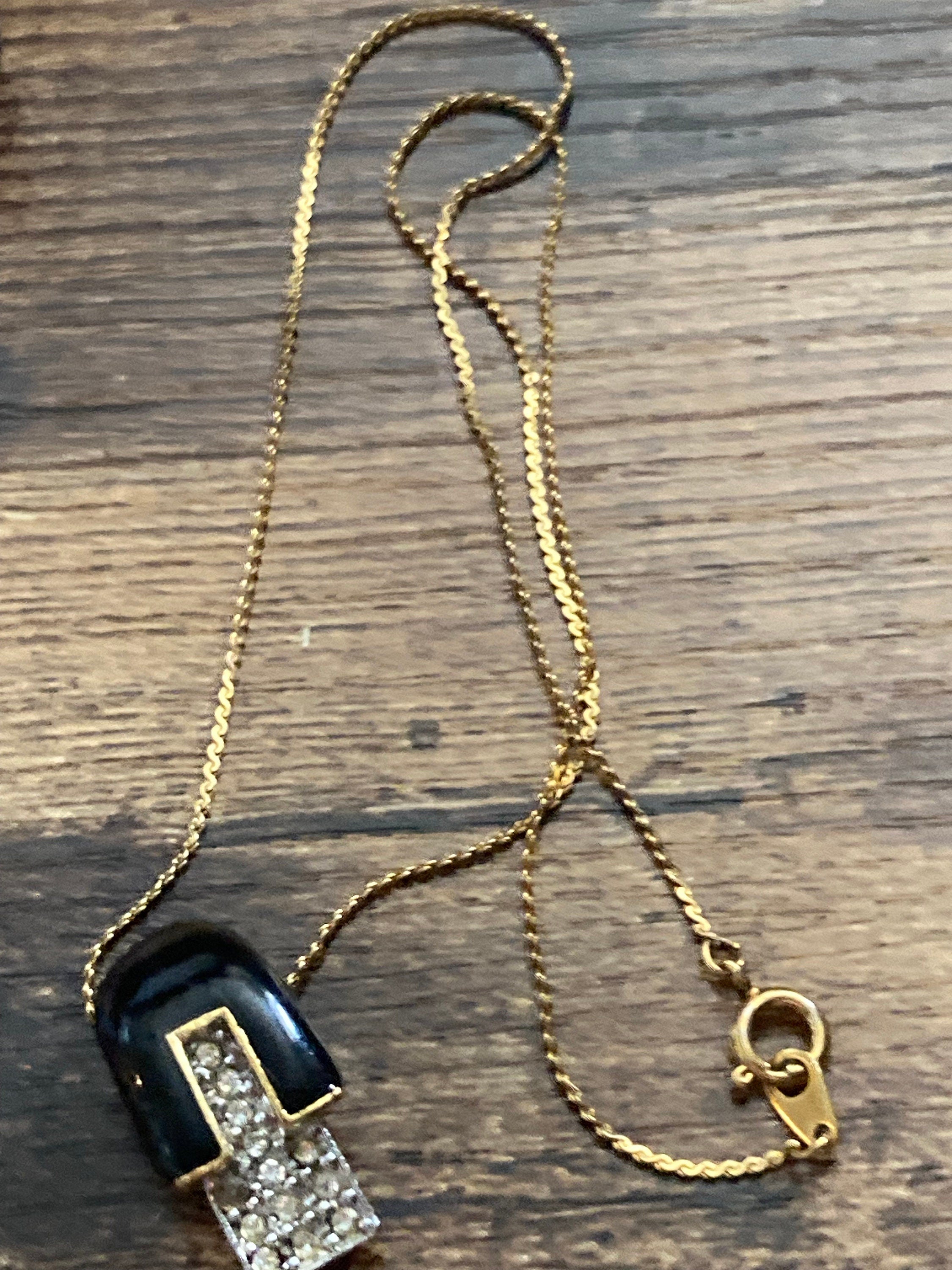 Dainty petite retro 38cm simple gold chain with black and diamanté pendant