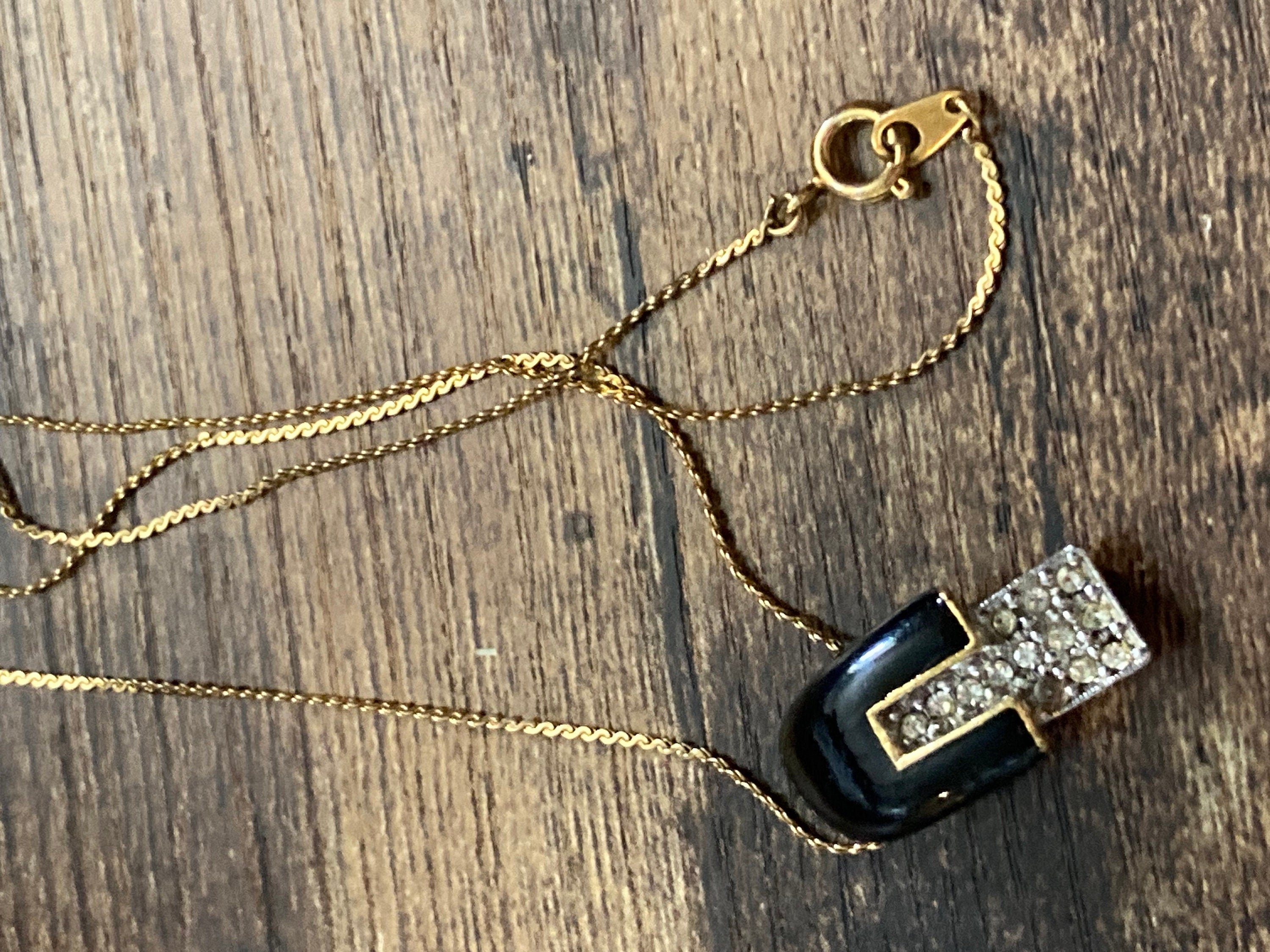 Dainty petite retro 38cm simple gold chain with black and diamanté pendant