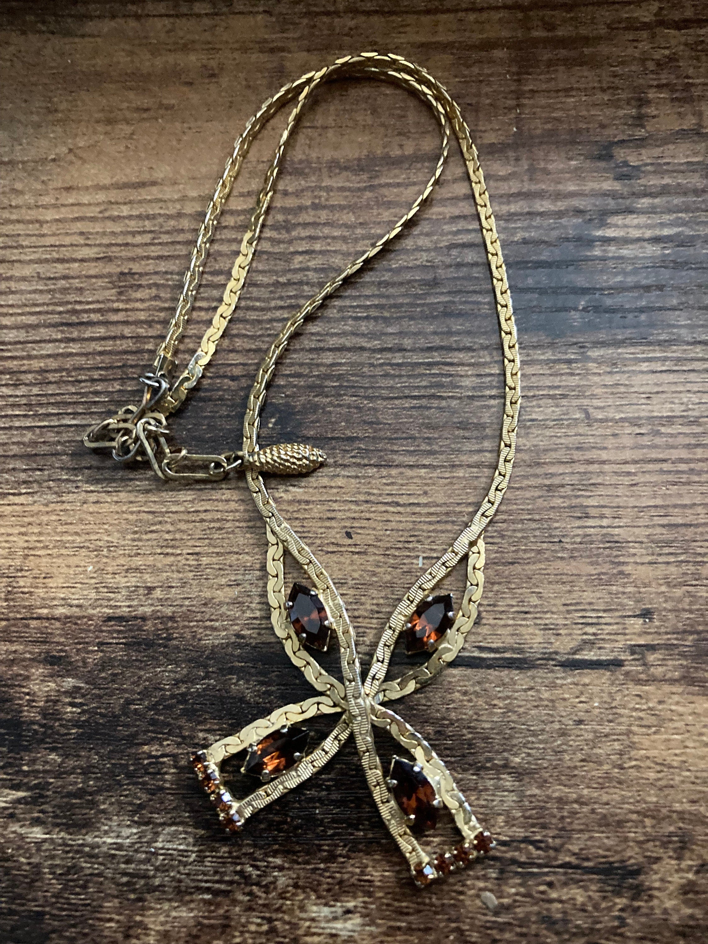 Vintage brown cognac glass diamanté rhinestone drop necklace gold tone
