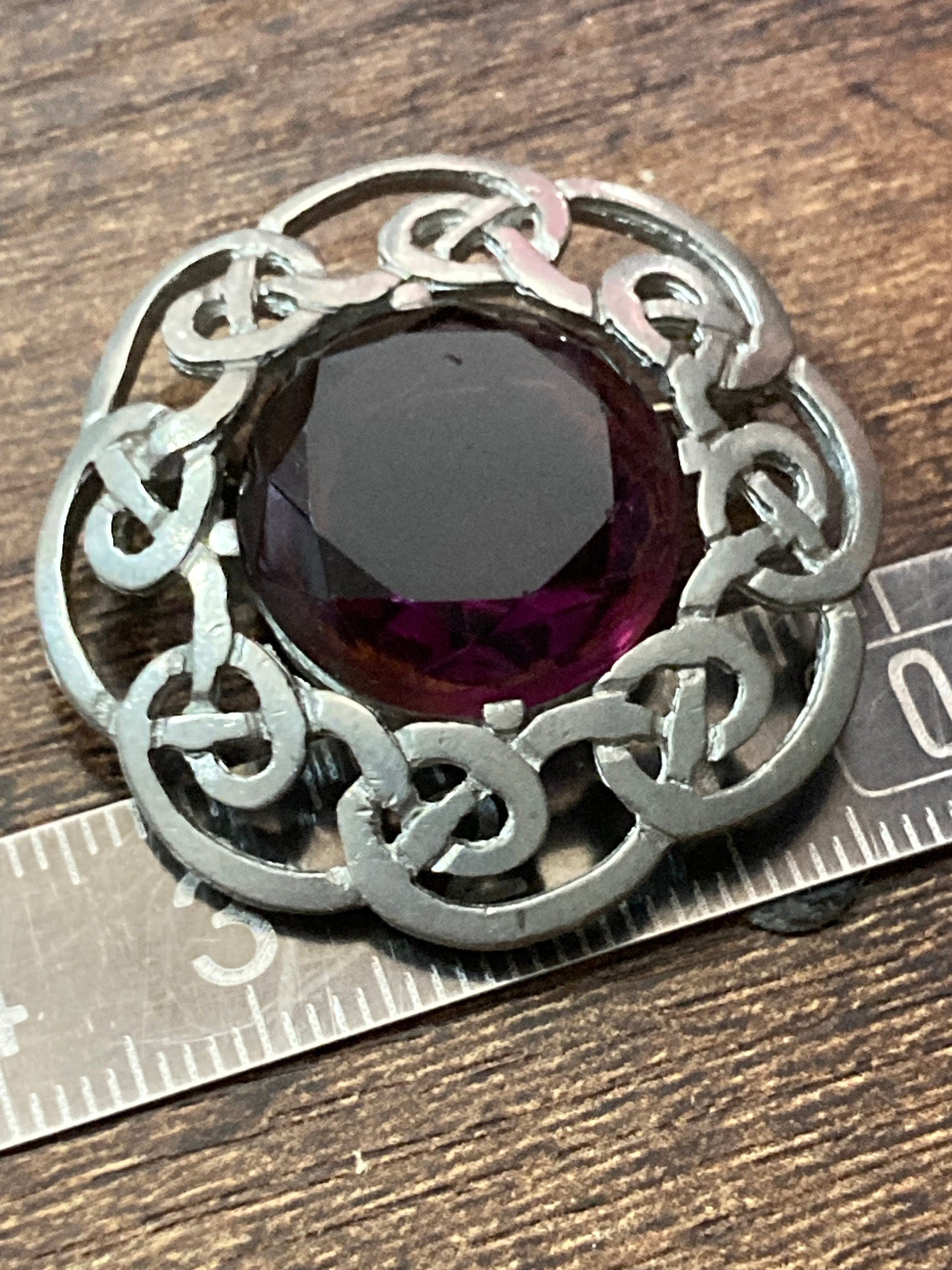 signed vintage Celtic style Scottish brooch amethyst glass paste gemstone