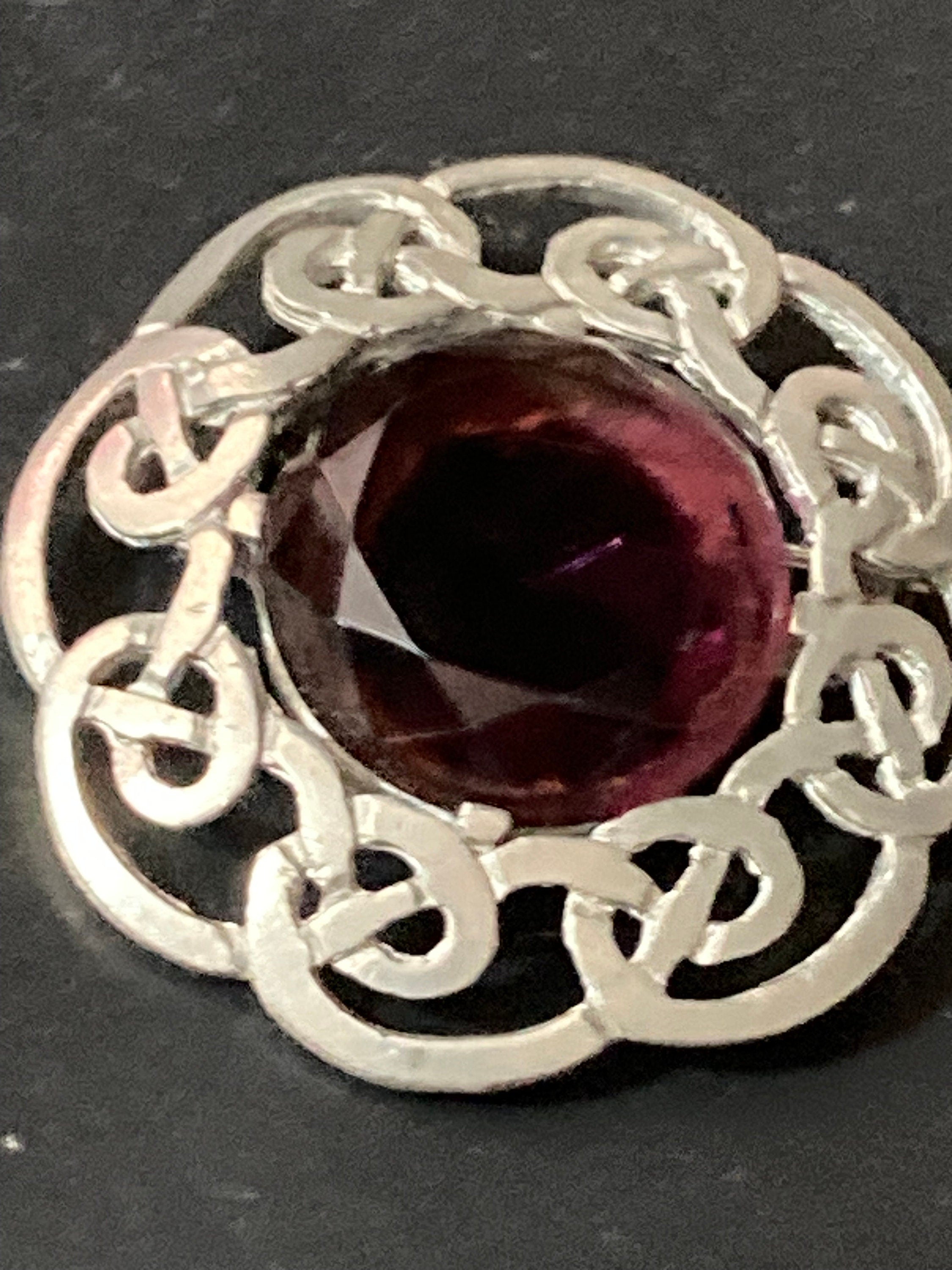 signed vintage Celtic style Scottish brooch amethyst glass paste gemstone