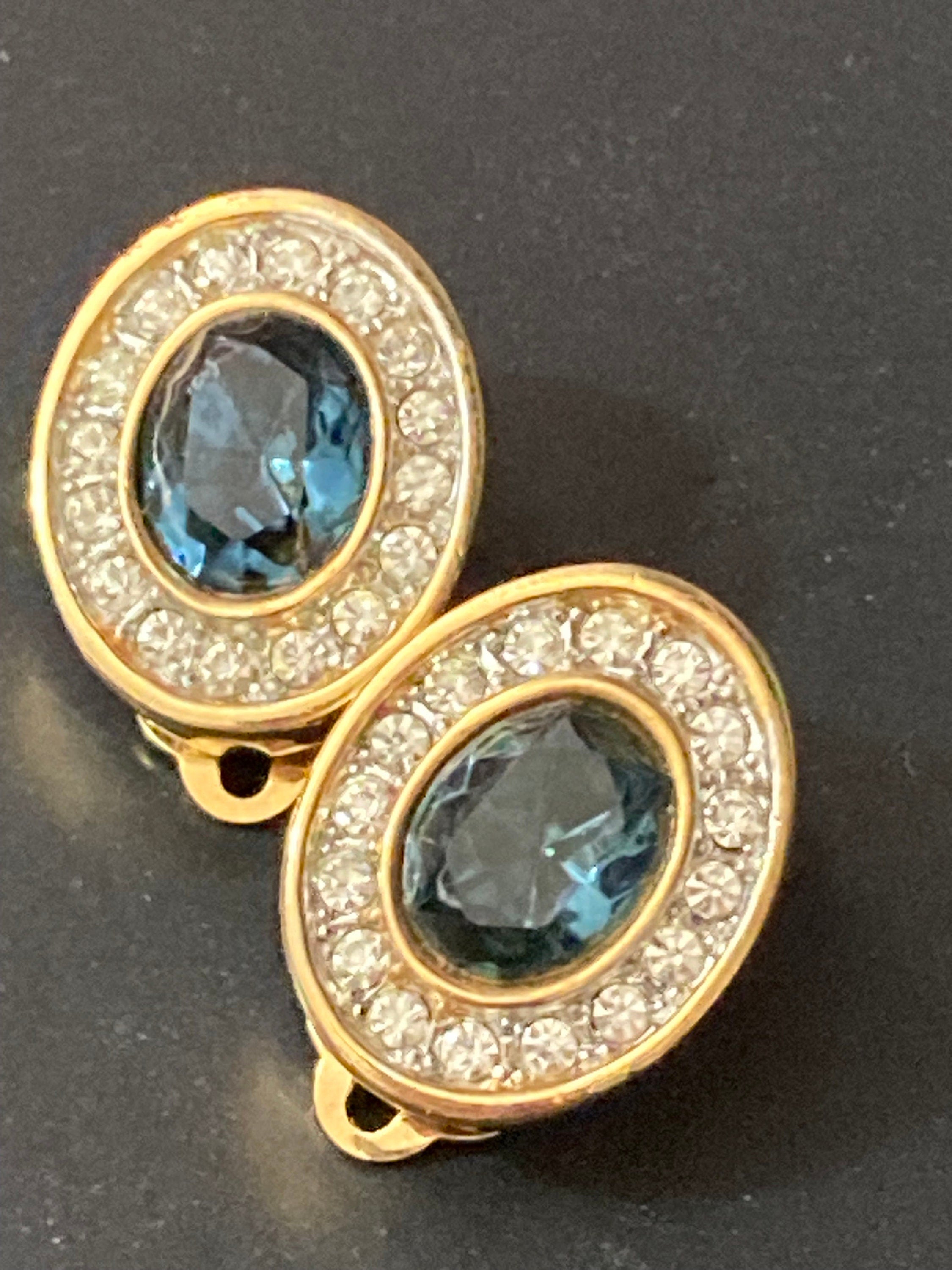 Signed Sphinx Oval sapphire clear glass paste gold tone diamanté clip on earrings