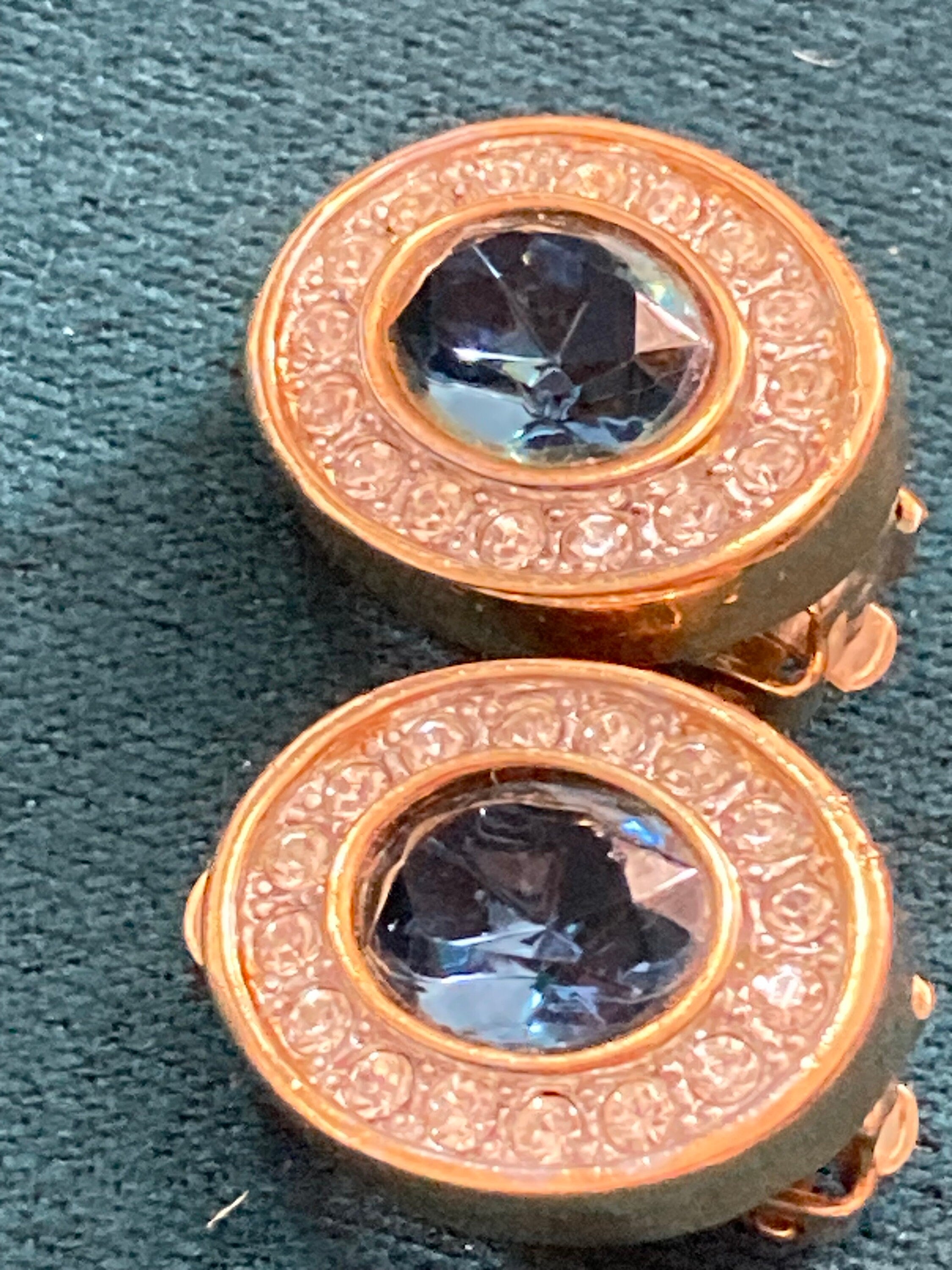 Signed Sphinx Oval sapphire clear glass paste gold tone diamanté clip on earrings