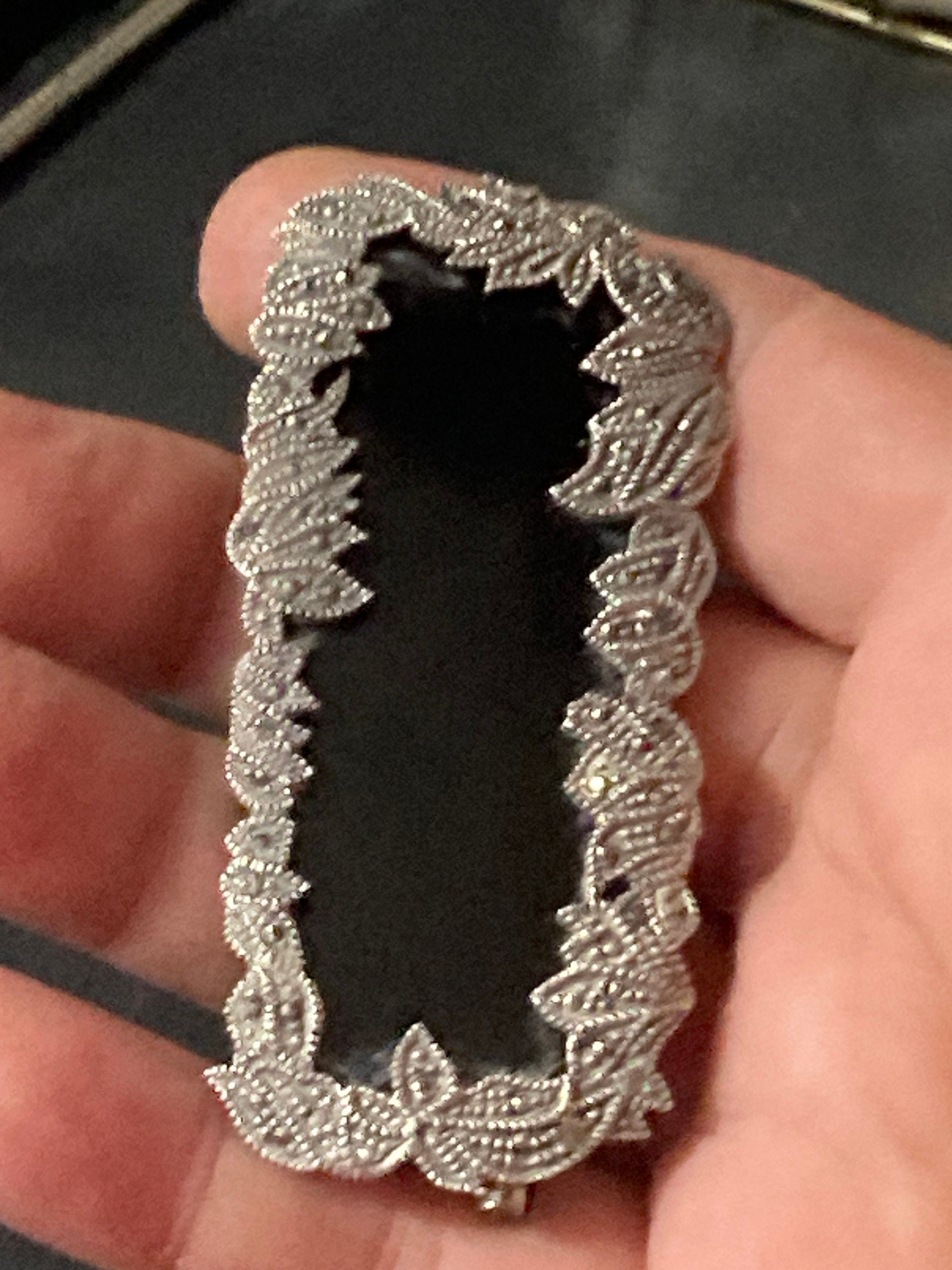 XL 7cm Antique Art Deco jet black onyx Sterling 925 solid silver marcasite gemstone Brooch