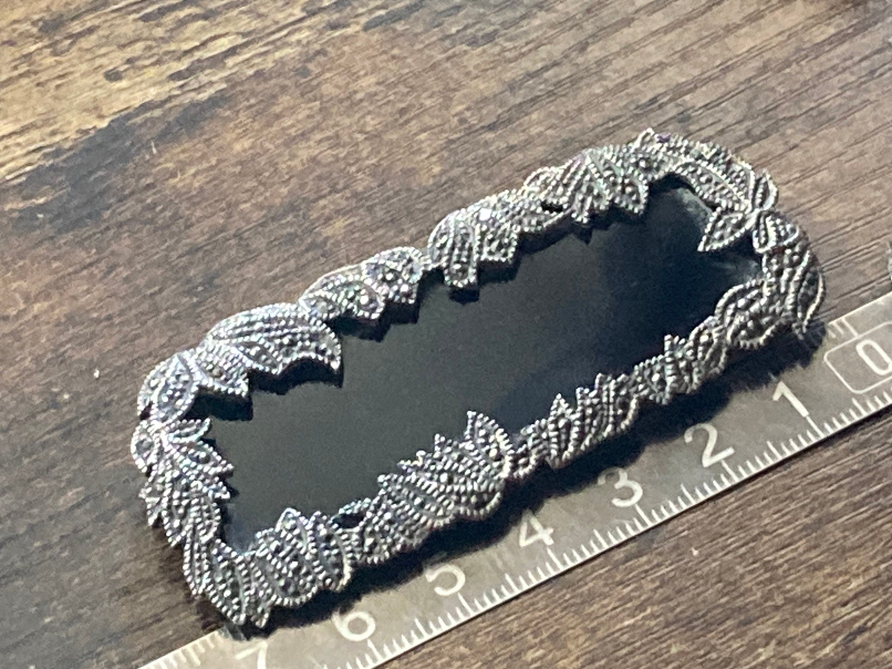 XL 7cm Antique Art Deco jet black onyx Sterling 925 solid silver marcasite gemstone Brooch