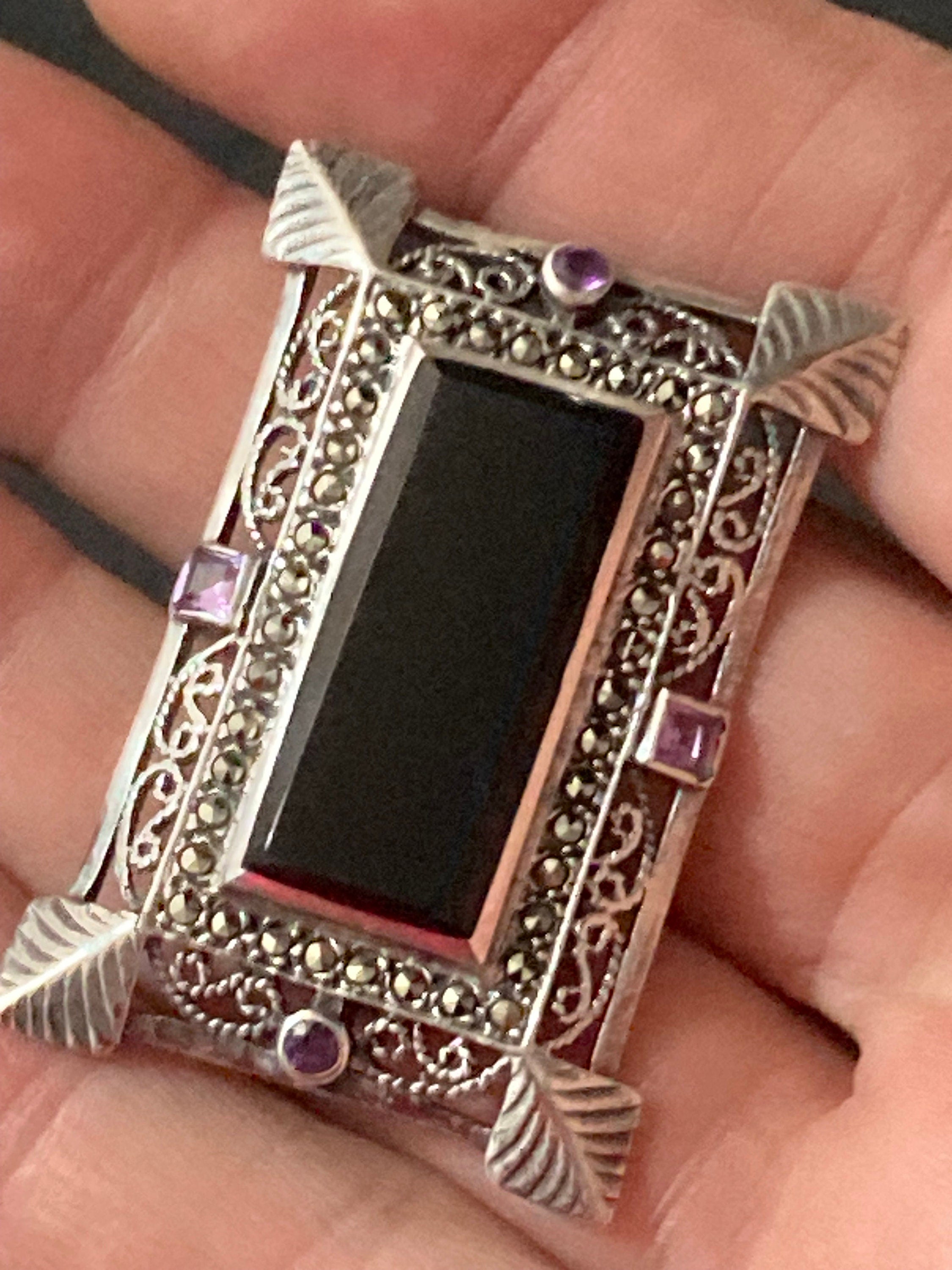 5cm Antique Art Deco onyx Sterling 925 solid silver marcasite gemstone Brooch