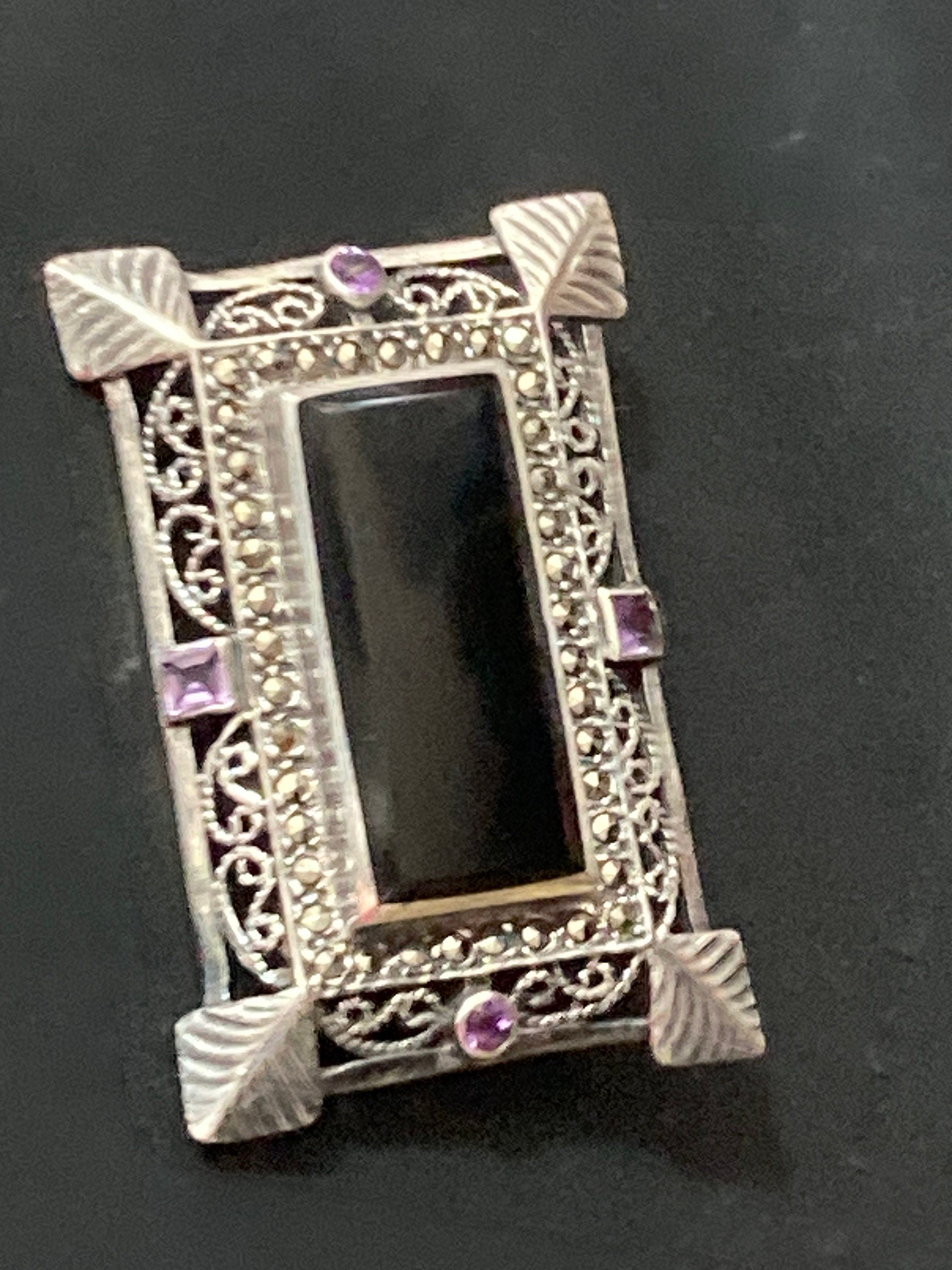 5cm Antique Art Deco onyx Sterling 925 solid silver marcasite gemstone Brooch