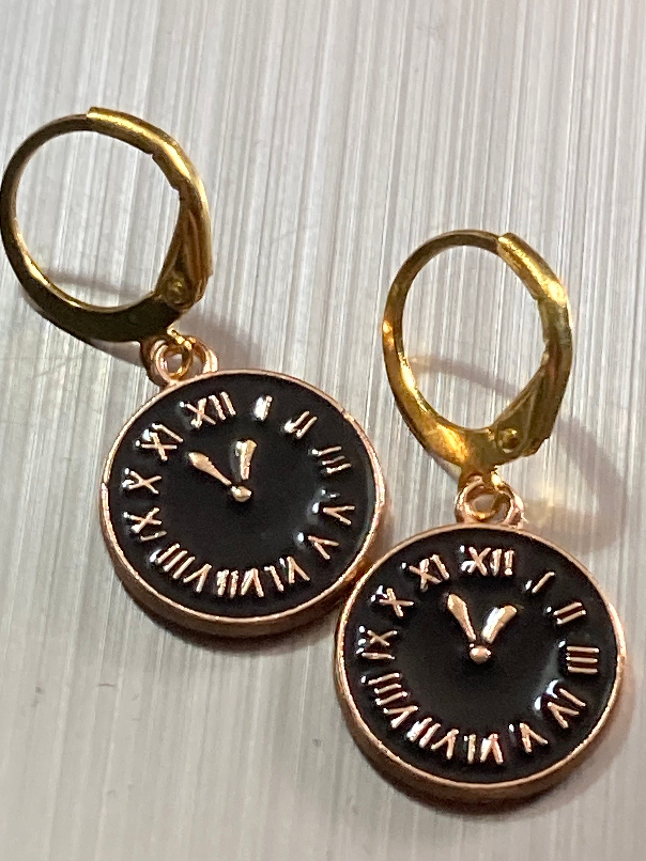 18k gold plated black enamel Victorian Clock charm earrings