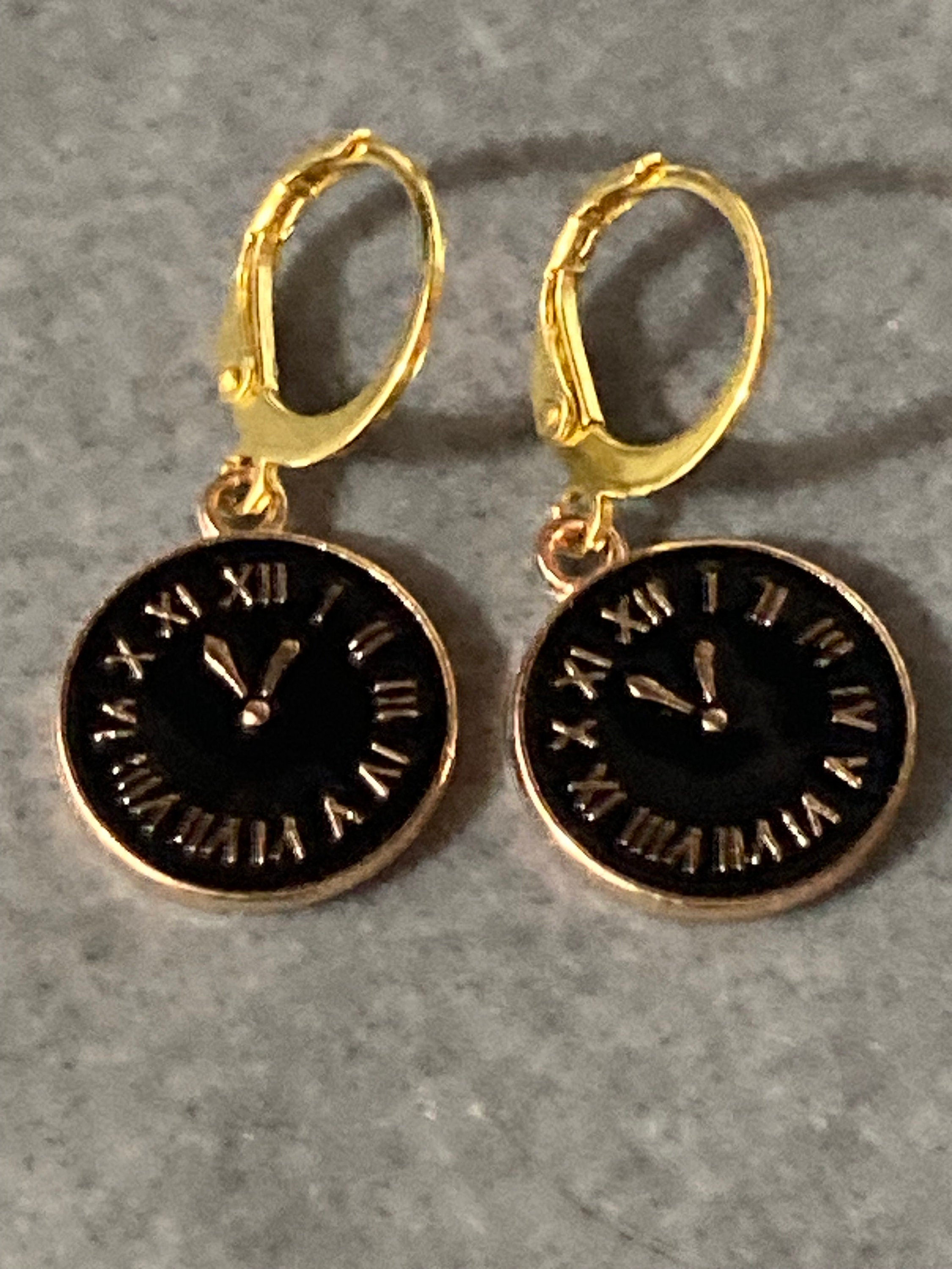 18k gold plated black enamel Victorian Clock charm earrings