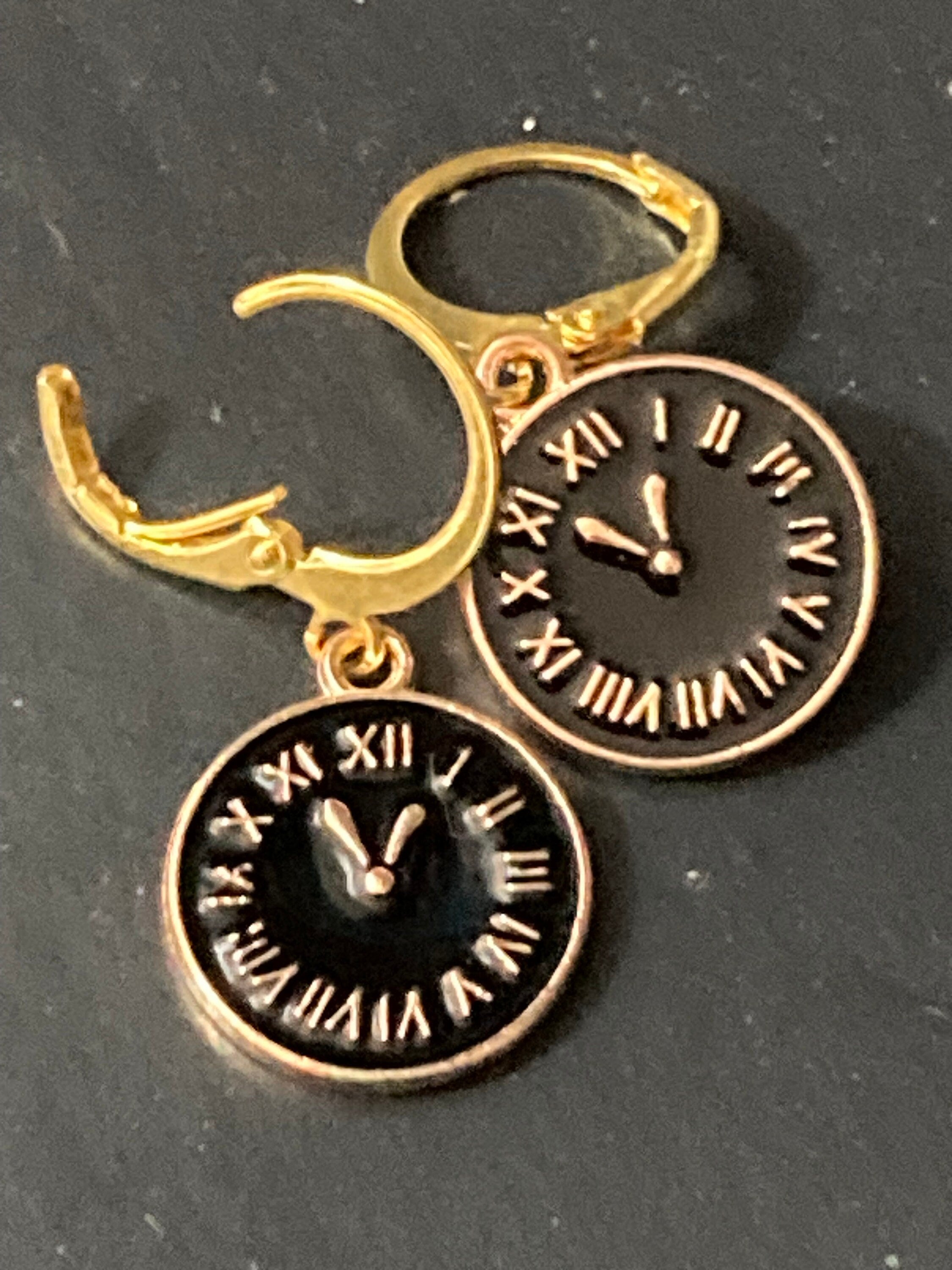 18k gold plated black enamel Victorian Clock charm earrings