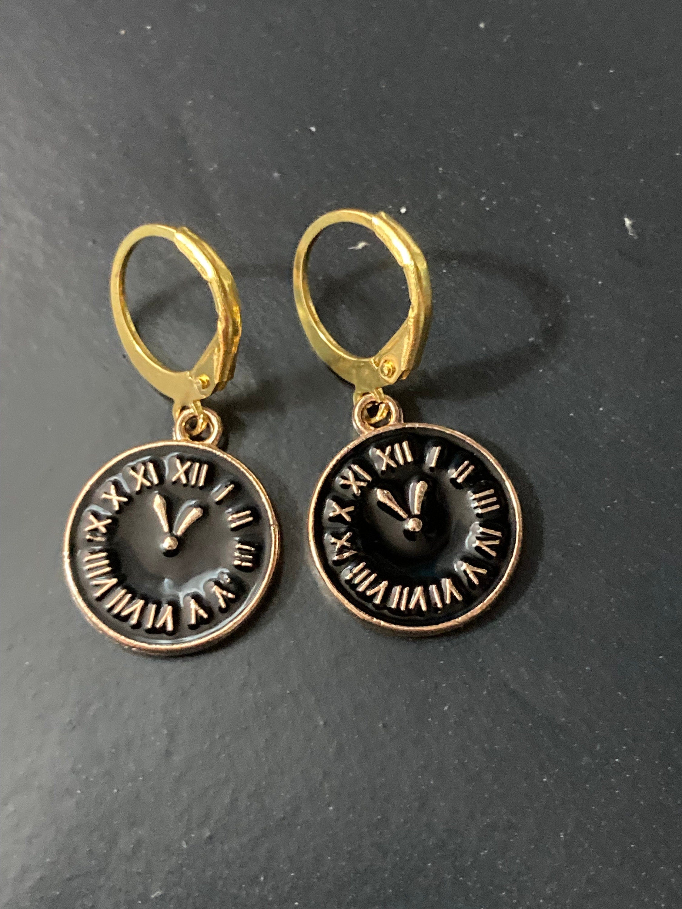 18k gold plated black enamel Victorian Clock charm earrings