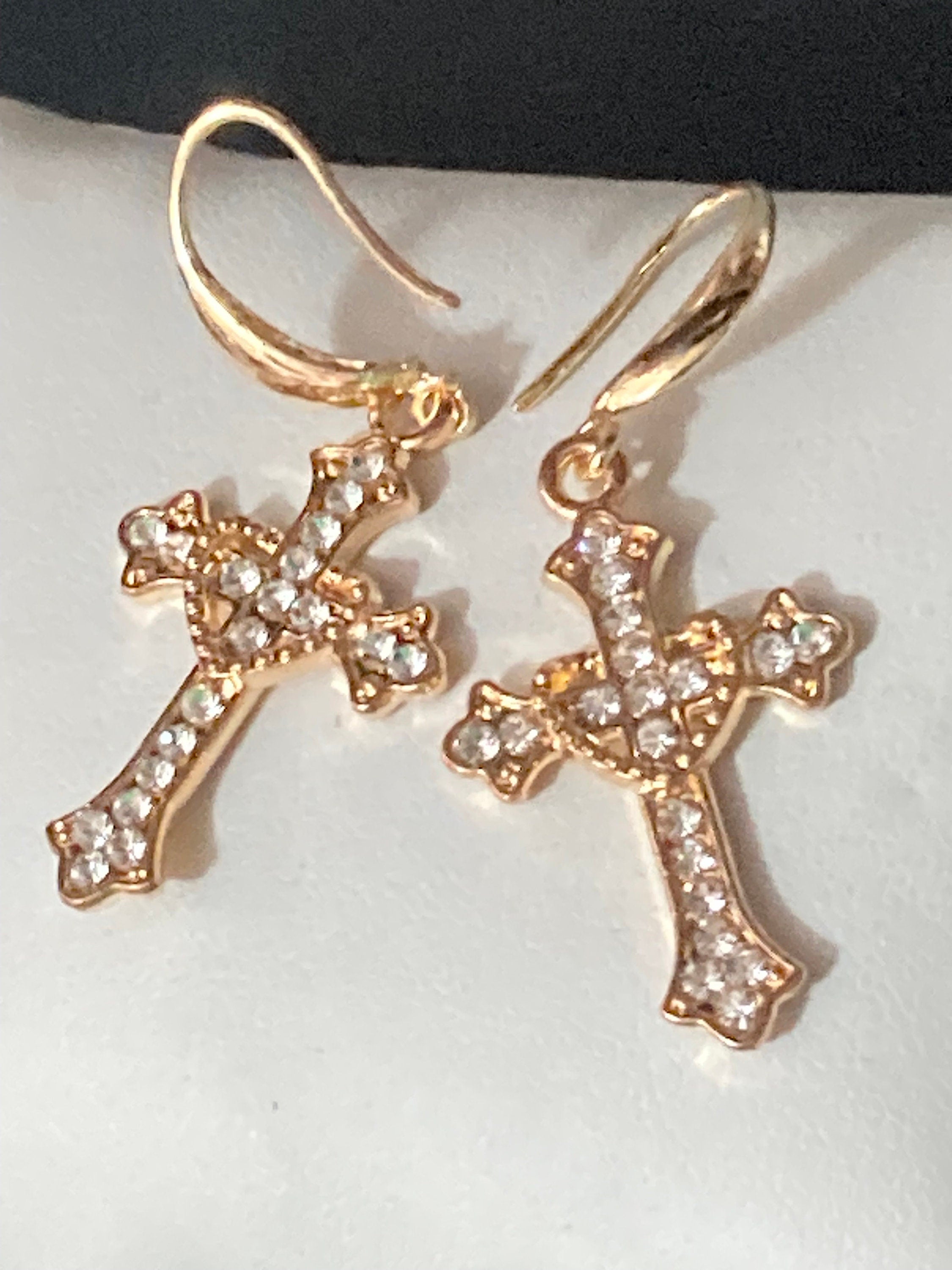 18k gold plated clear diamanté crystal religious cross earrings