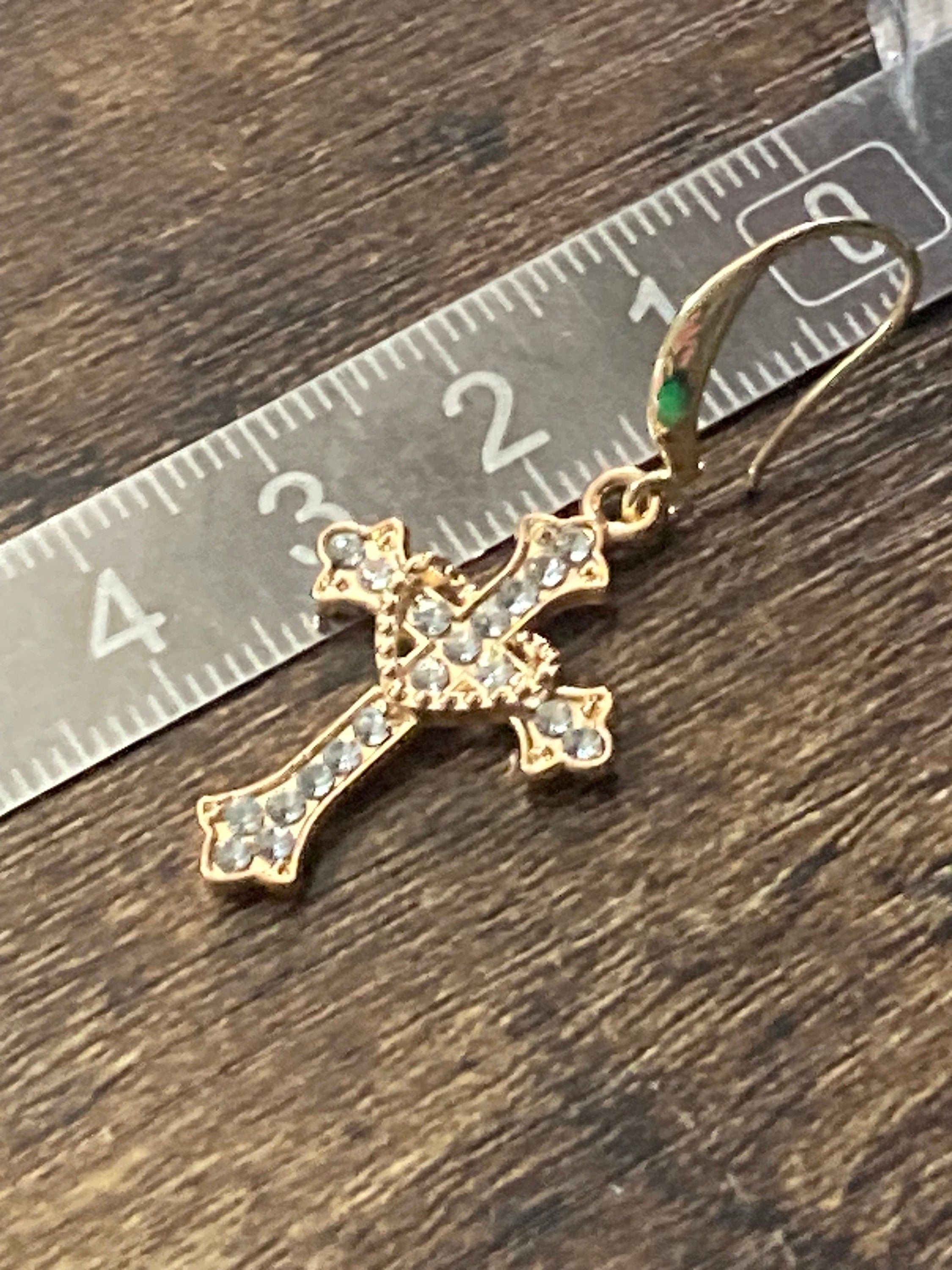 18k gold plated clear diamanté crystal religious cross earrings