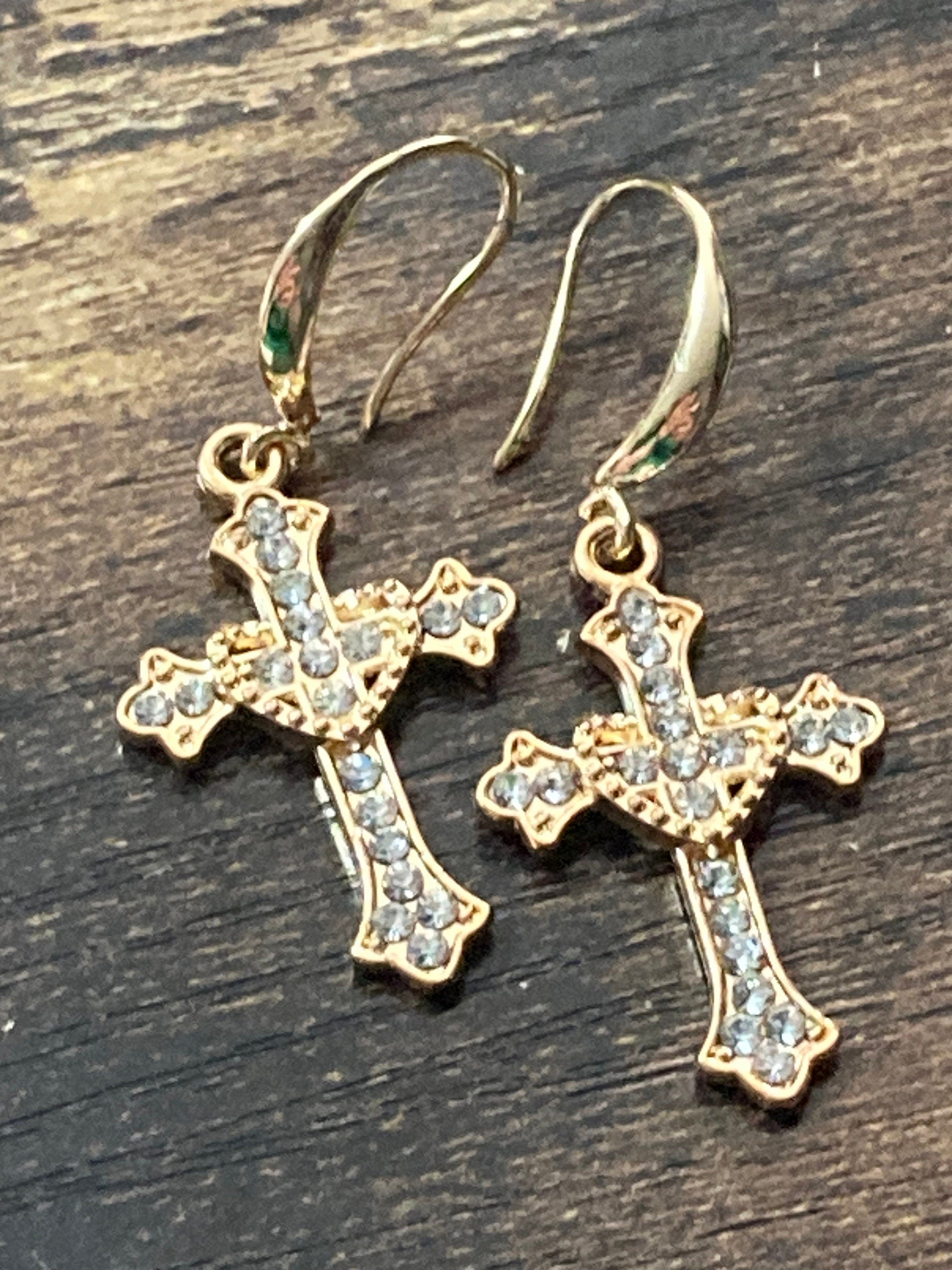 18k gold plated clear diamanté crystal religious cross earrings